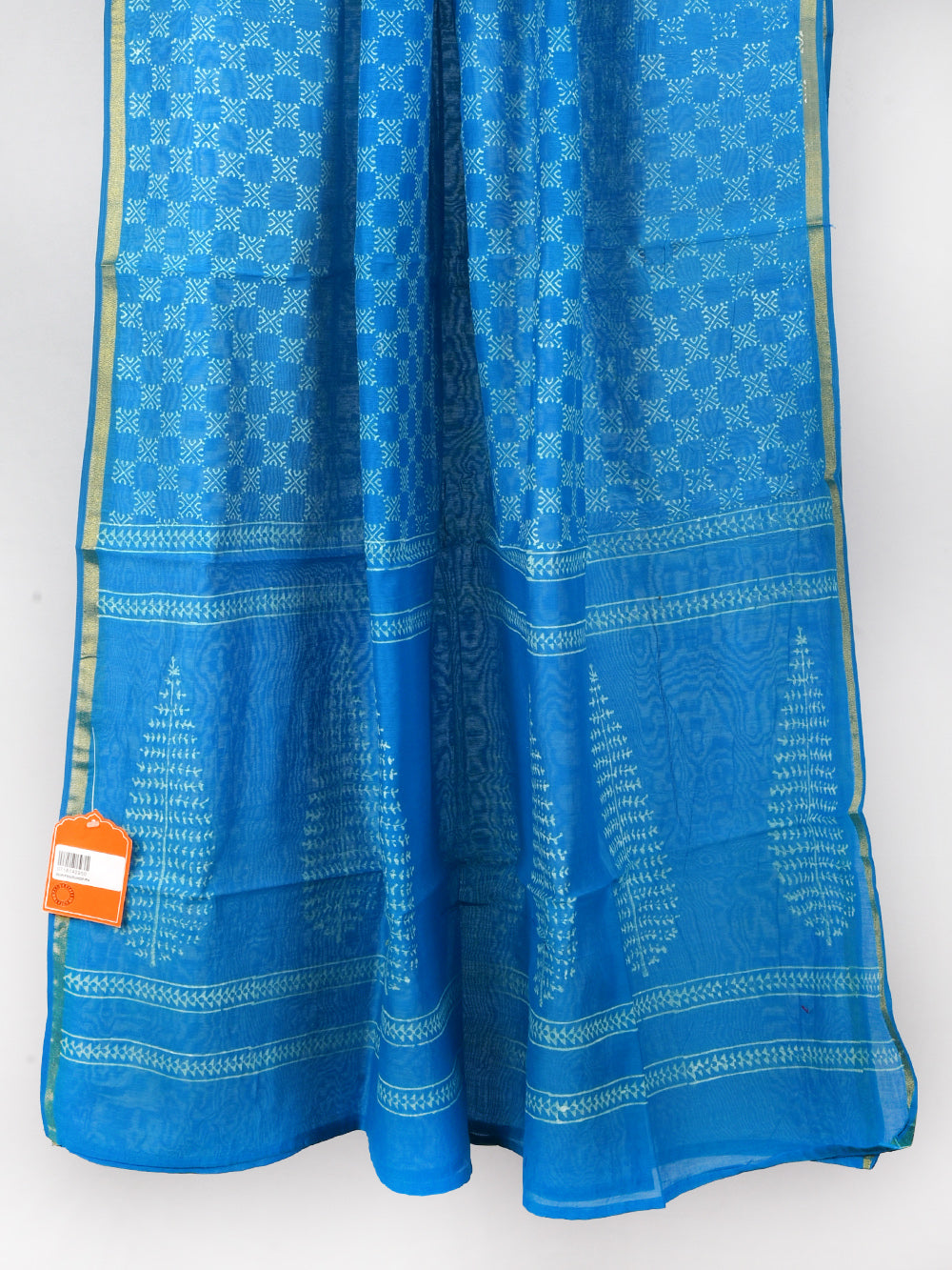 Blue Checkers Hand Block Printed Mono Chanderi Dupatta