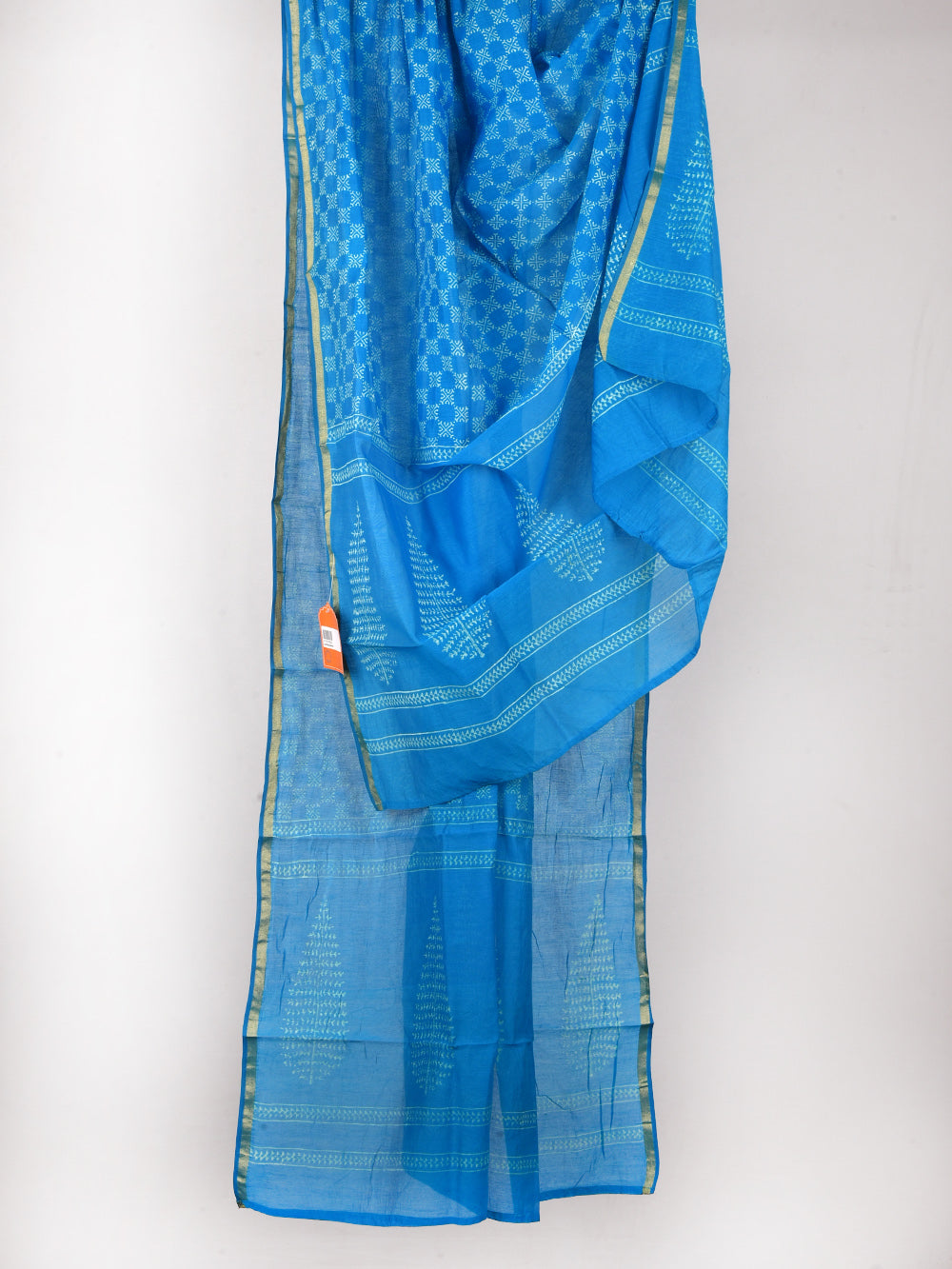 Blue Checkers Hand Block Printed Mono Chanderi Dupatta