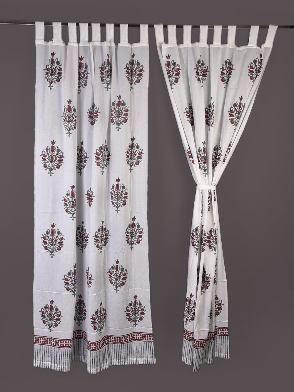 Hand Block Printed Grey Mughal Boota Cotton Curtain Set