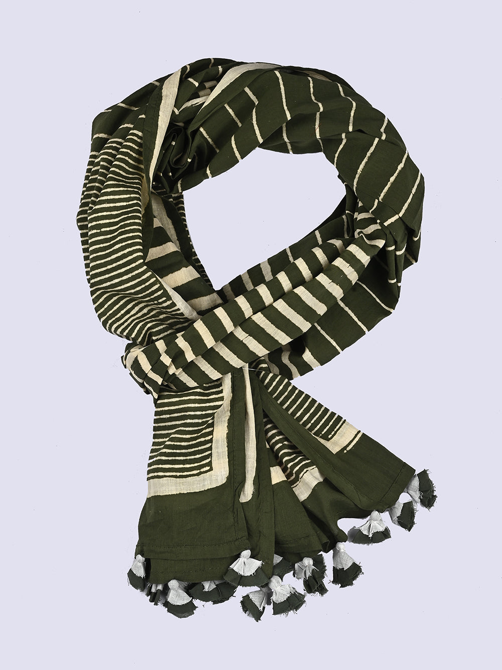 Dark Green Stripes Cotton Voile Block Printed Stole