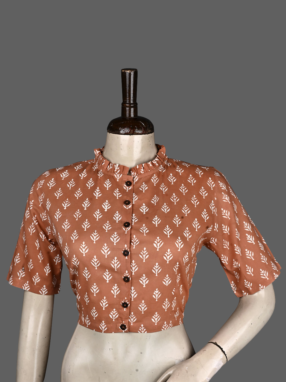 Rust Mughal Flower Frill Collar Hand Block Printed Cotton Blouse