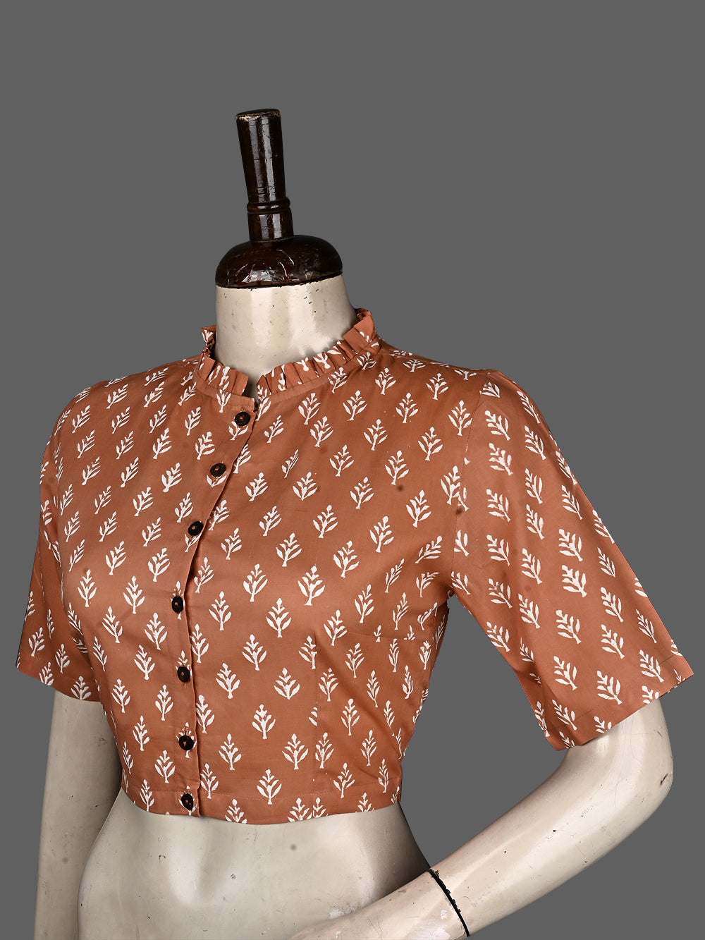 Rust Mughal Flower Frill Collar Hand Block Printed Cotton Blouse