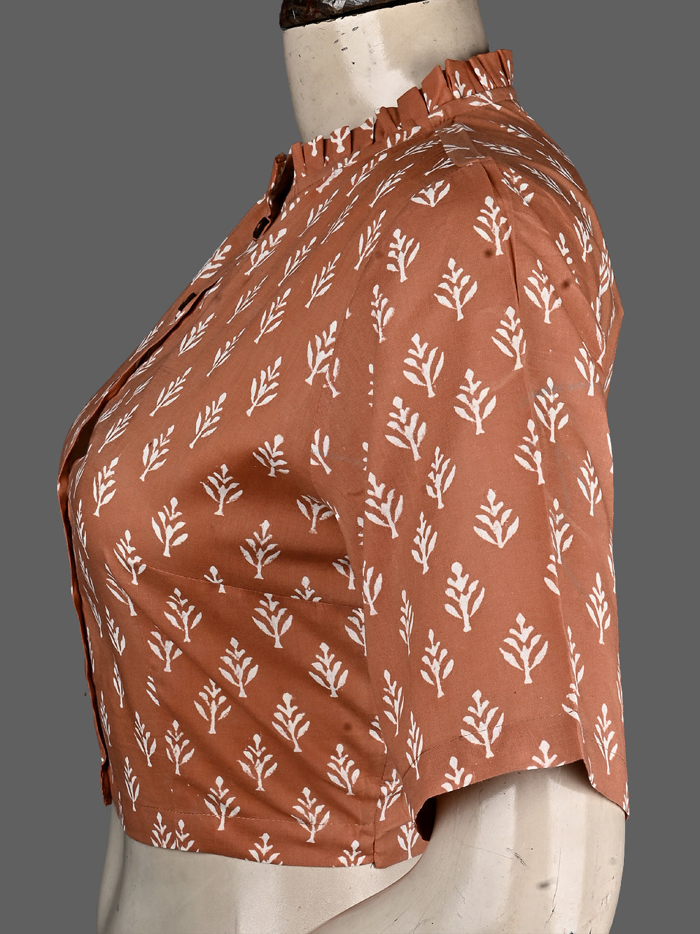 Rust Mughal Flower Frill Collar Hand Block Printed Cotton Blouse