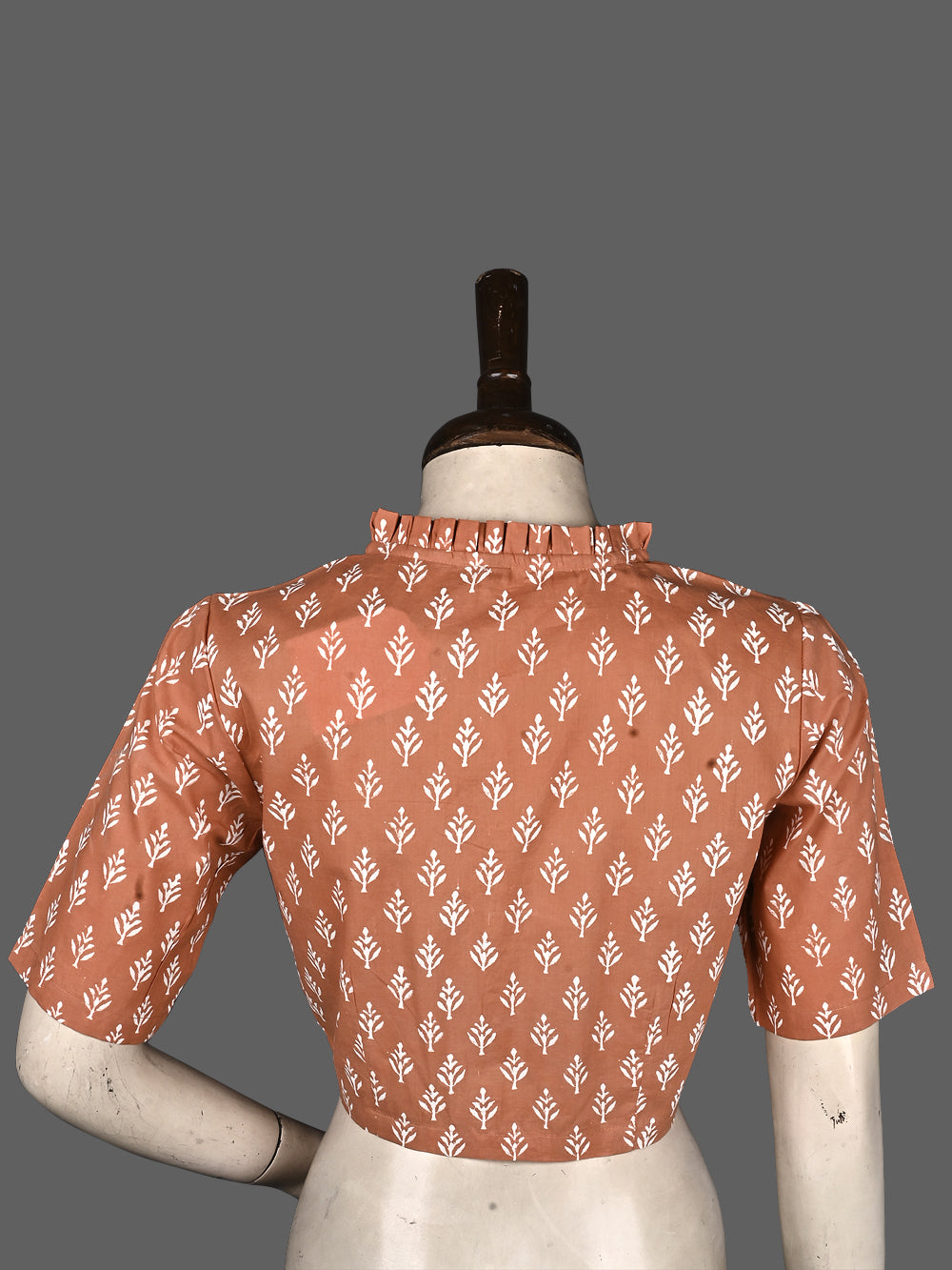 Rust Mughal Flower Frill Collar Hand Block Printed Cotton Blouse