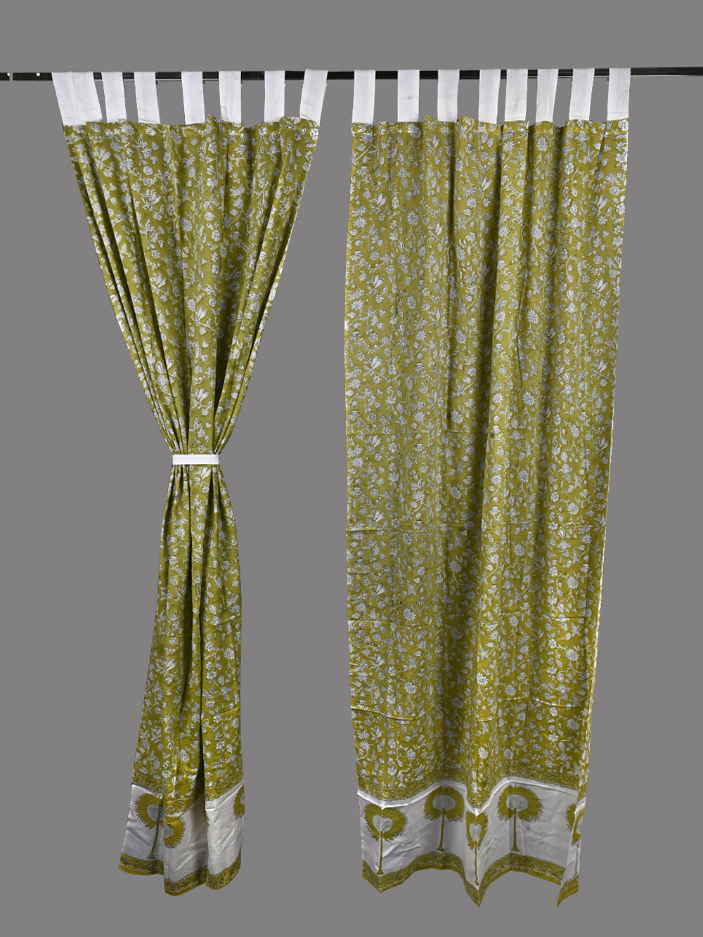 Hand Block Printed Green Floral Cotton Curtain Set