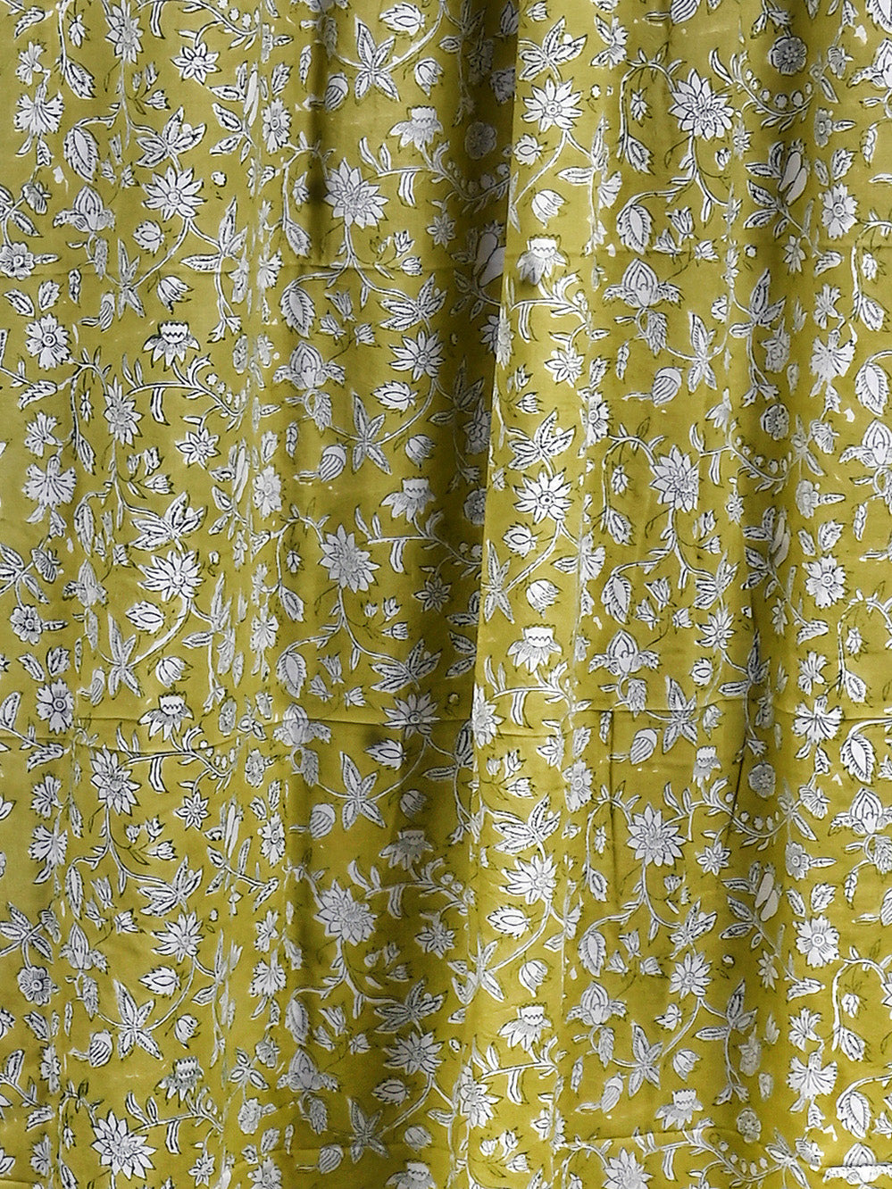 Hand Block Printed Green Floral Cotton Curtain Set