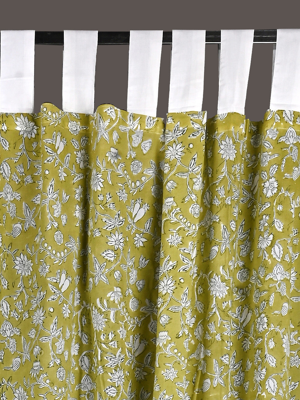 Hand Block Printed Green Floral Cotton Curtain Set