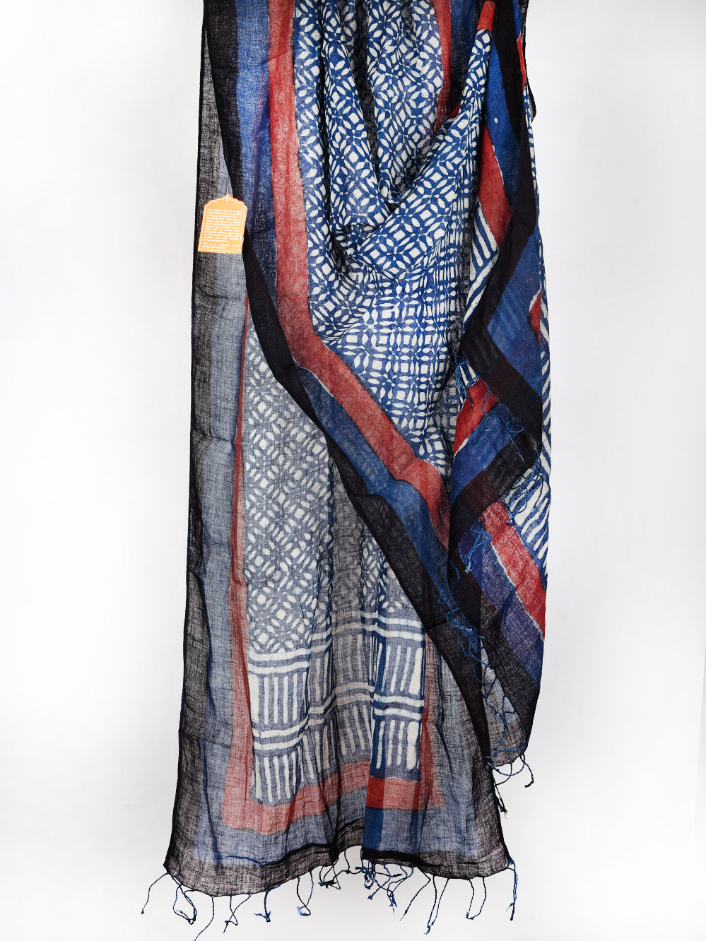 Bagru Daboo Indigo Geometric Jaal Hand Printed Pure Linen Dupatta