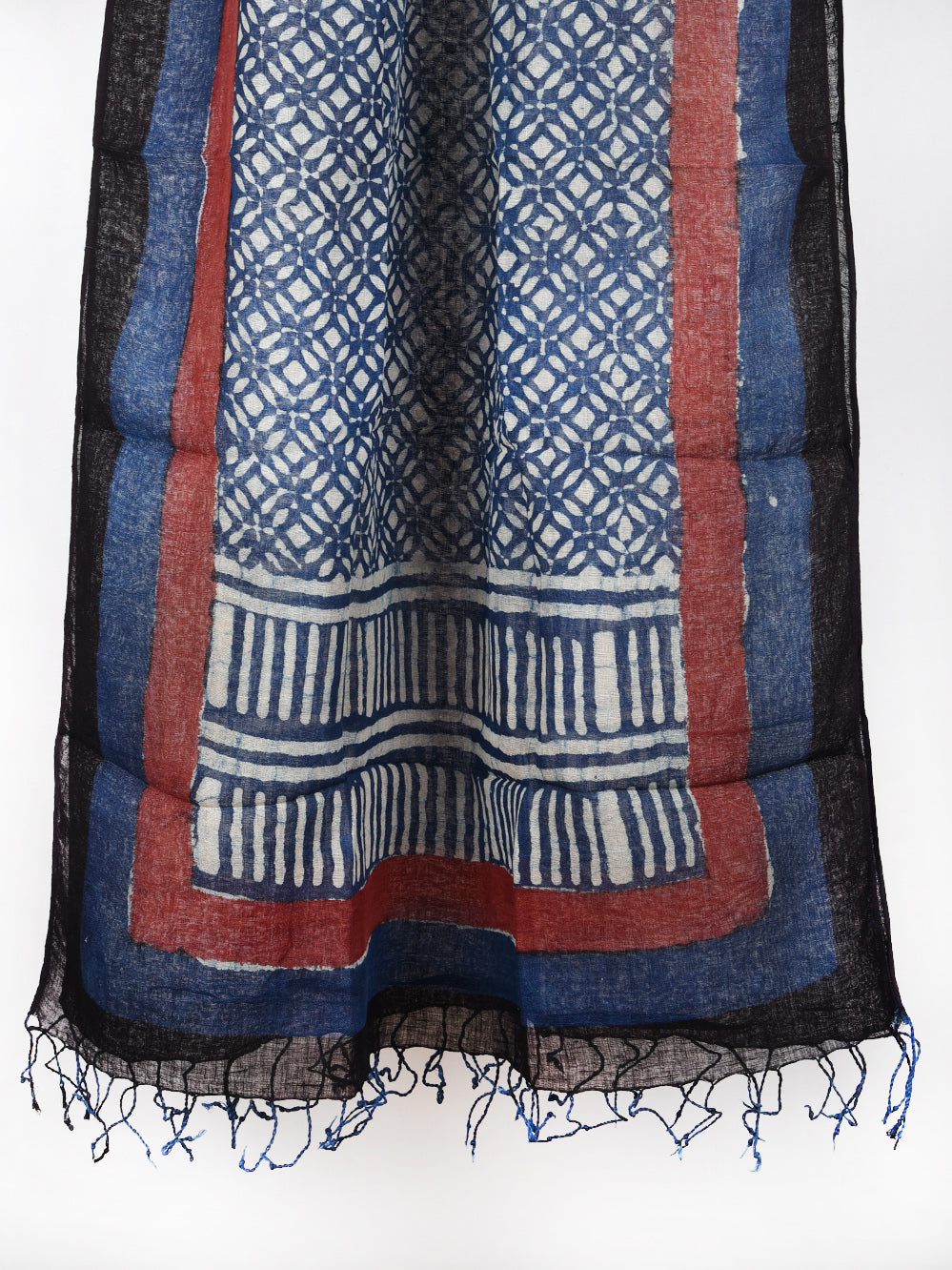 Bagru Daboo Indigo Geometric Jaal Hand Printed Pure Linen Dupatta