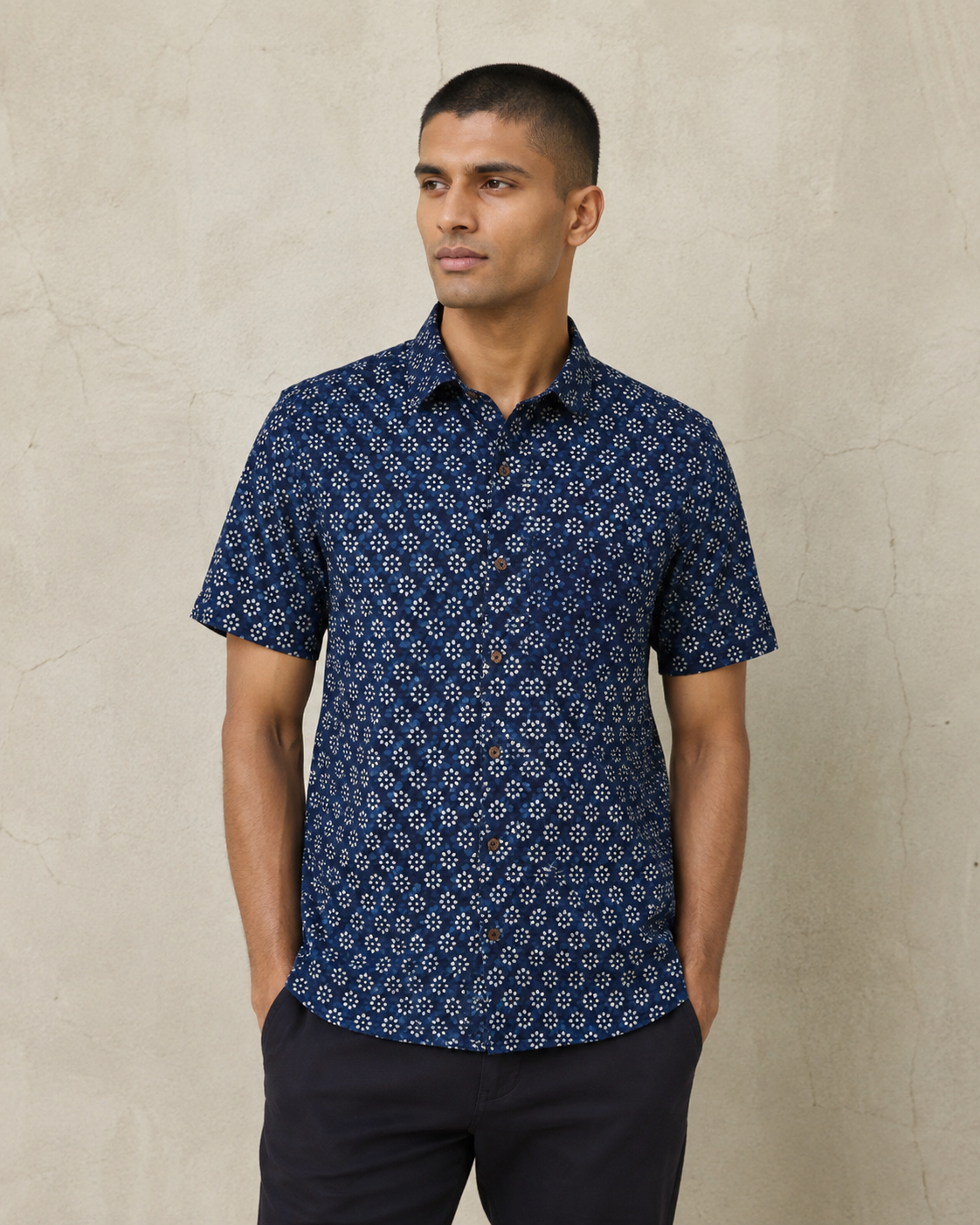 Indigo Flower Cotton Mens Half Sleeve Shirts
