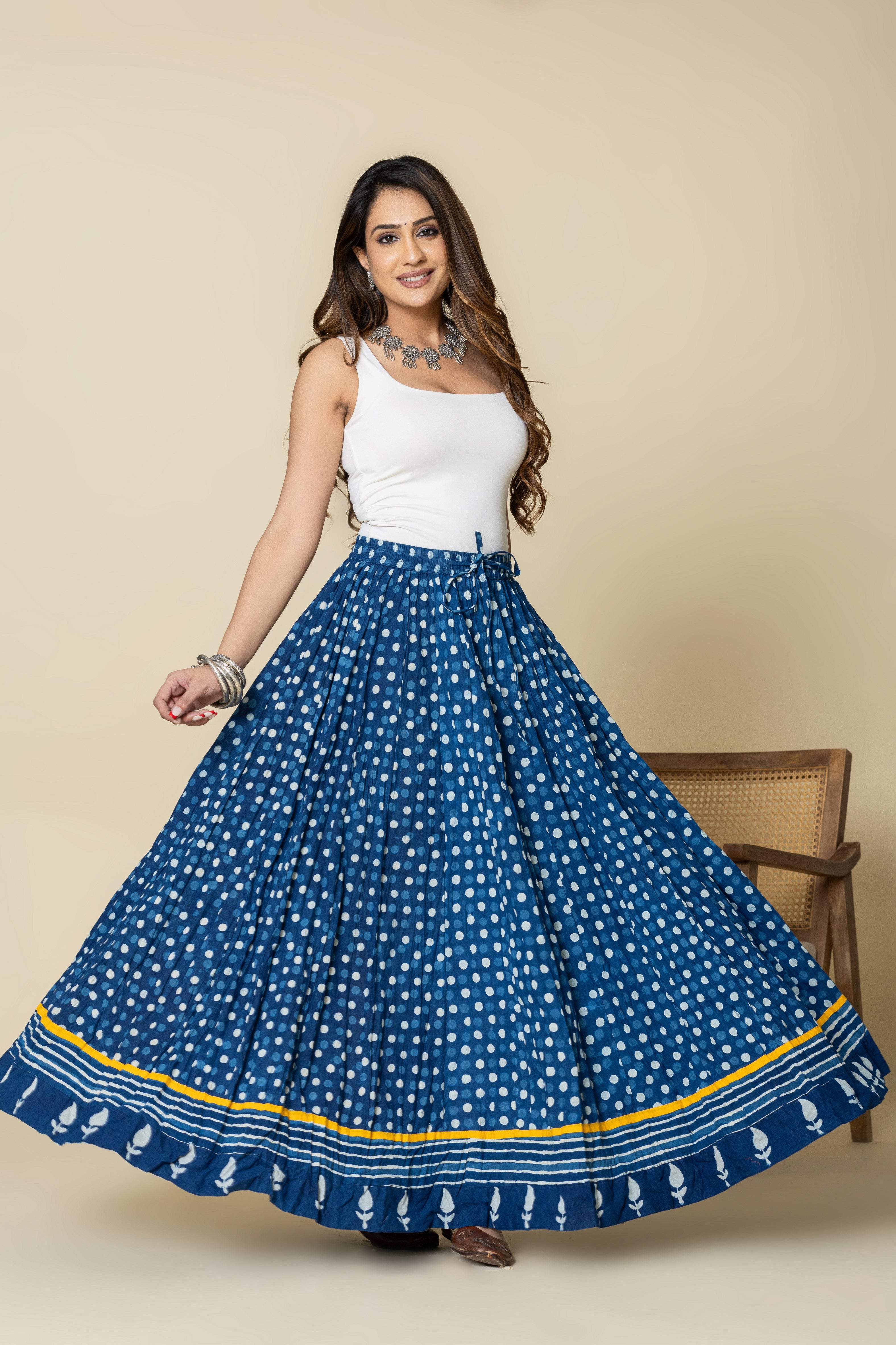 Daboo Indigo Polka Dots Crinkled Cotton 28 Kali Kalidaar Skirt