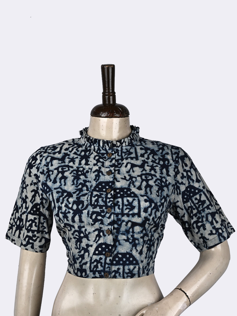 Indigo Warli Frill Collar Hand Block Printed Cotton Blouse