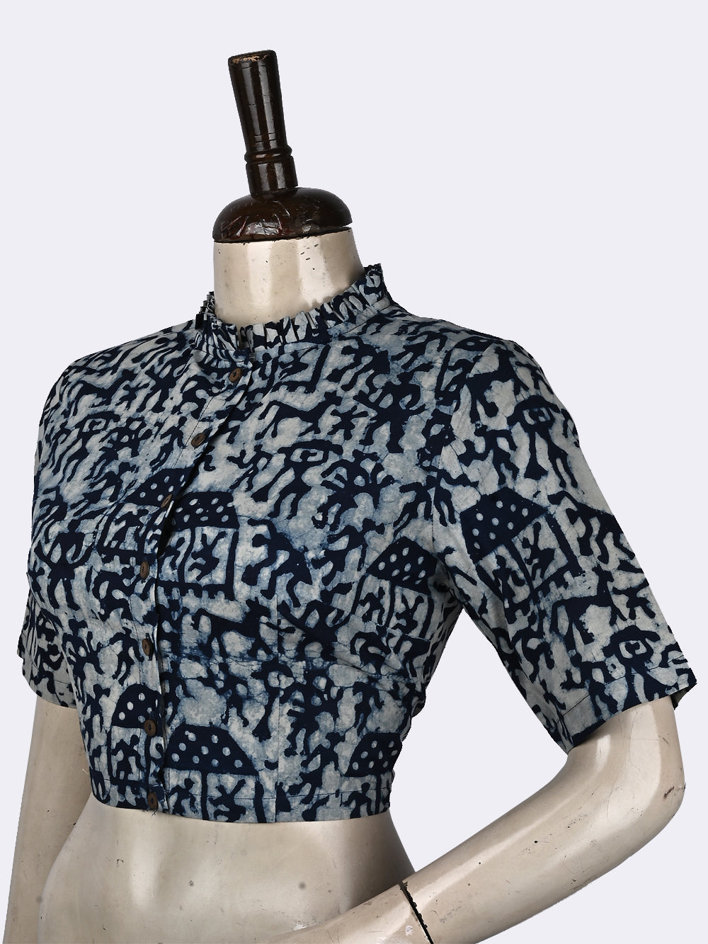 Indigo Warli Frill Collar Hand Block Printed Cotton Blouse