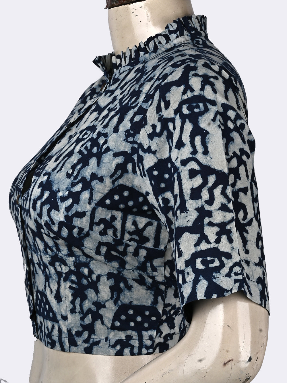 Indigo Warli Frill Collar Hand Block Printed Cotton Blouse