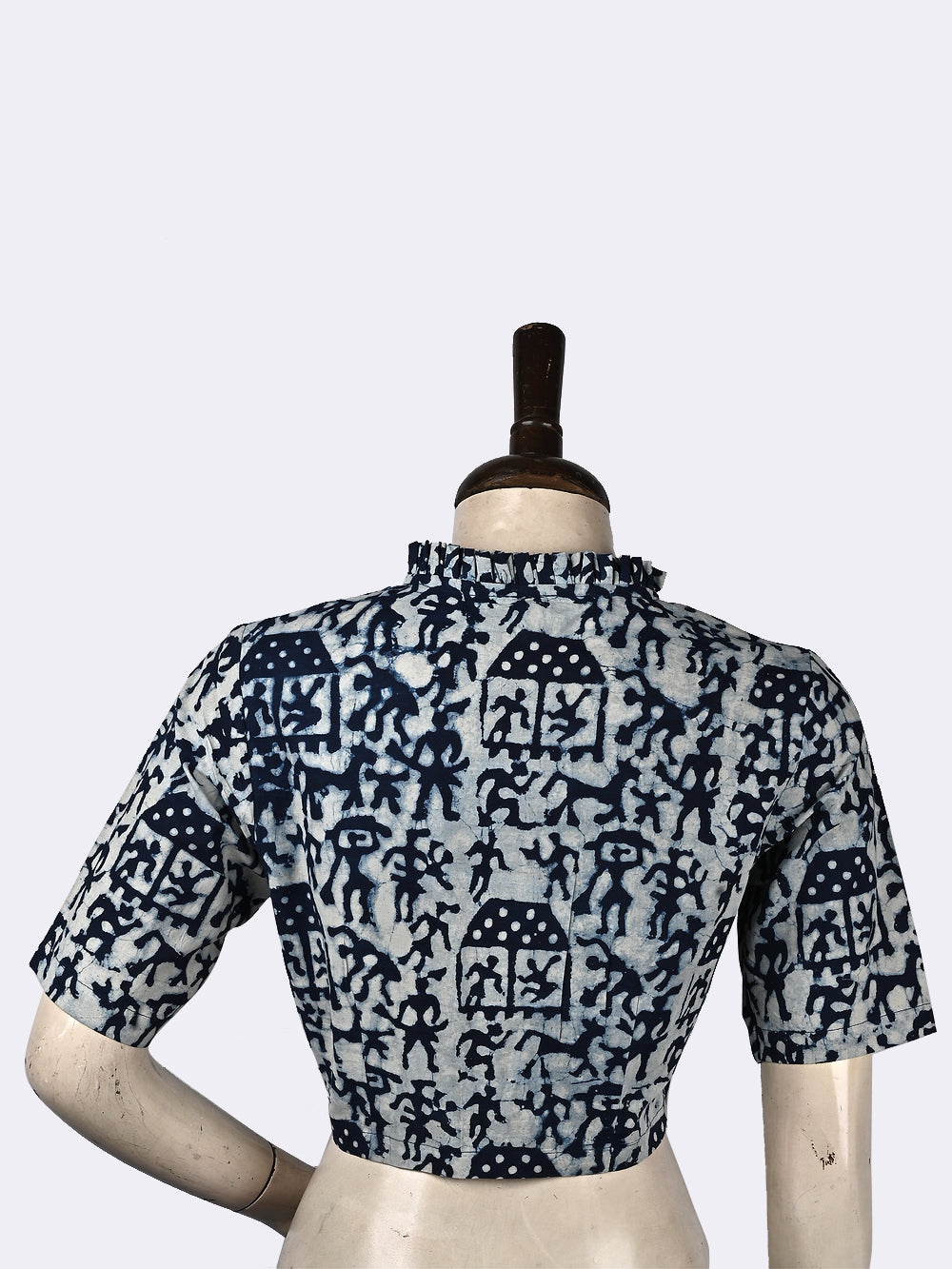 Indigo Warli Frill Collar Hand Block Printed Cotton Blouse