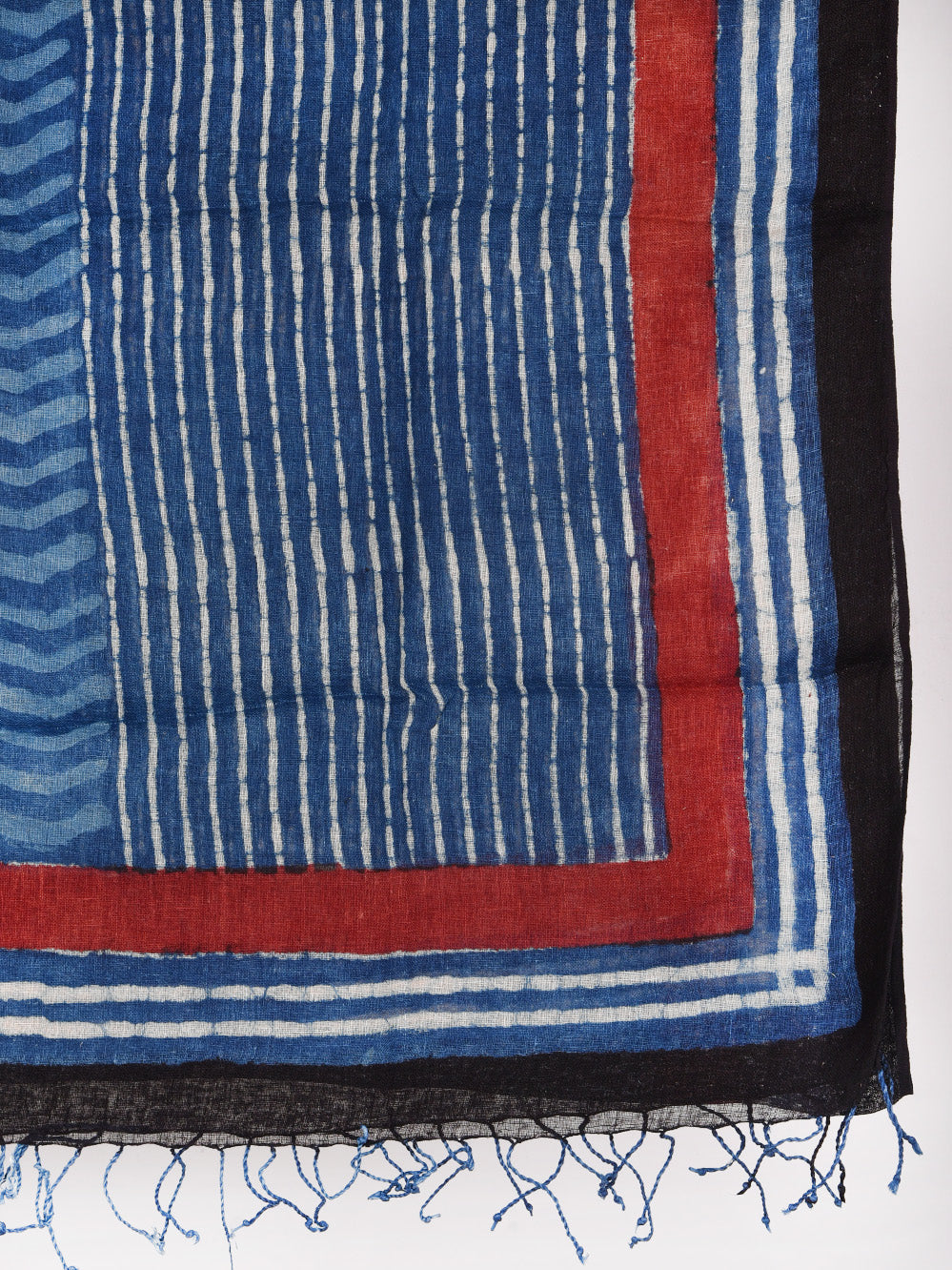 Bagru Daboo Indigo Leher Stripes Hand Printed Pure Linen Dupatta