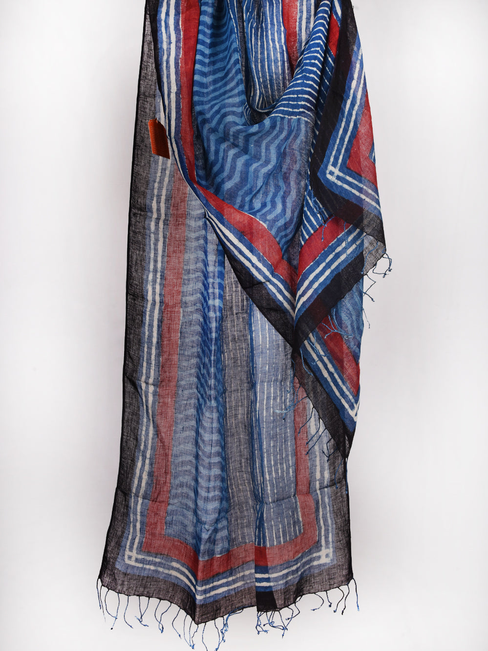 Bagru Daboo Indigo Leher Stripes Hand Printed Pure Linen Dupatta