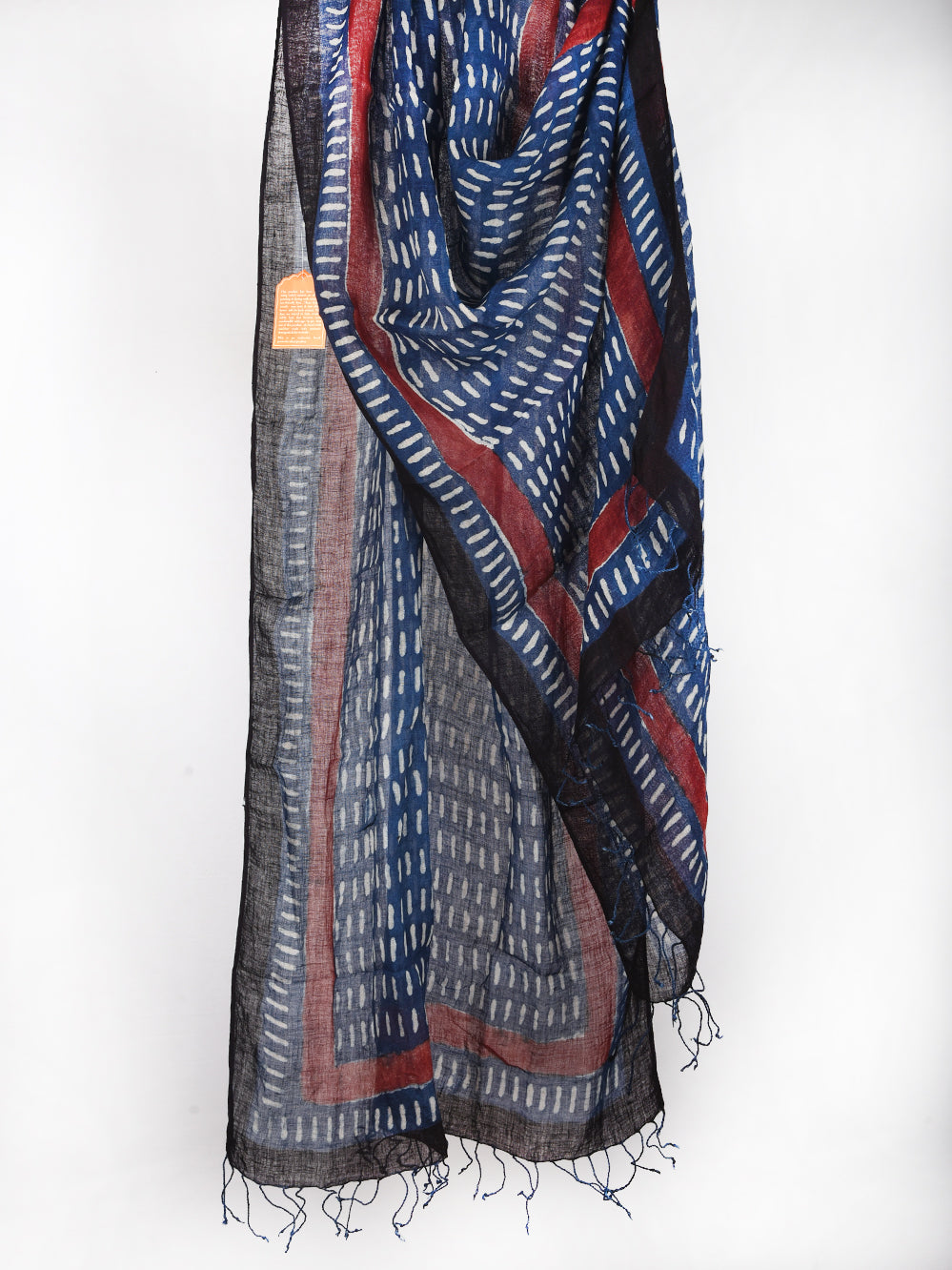 Bagru Daboo Indigo Dashes Hand Printed Pure Linen Dupatta