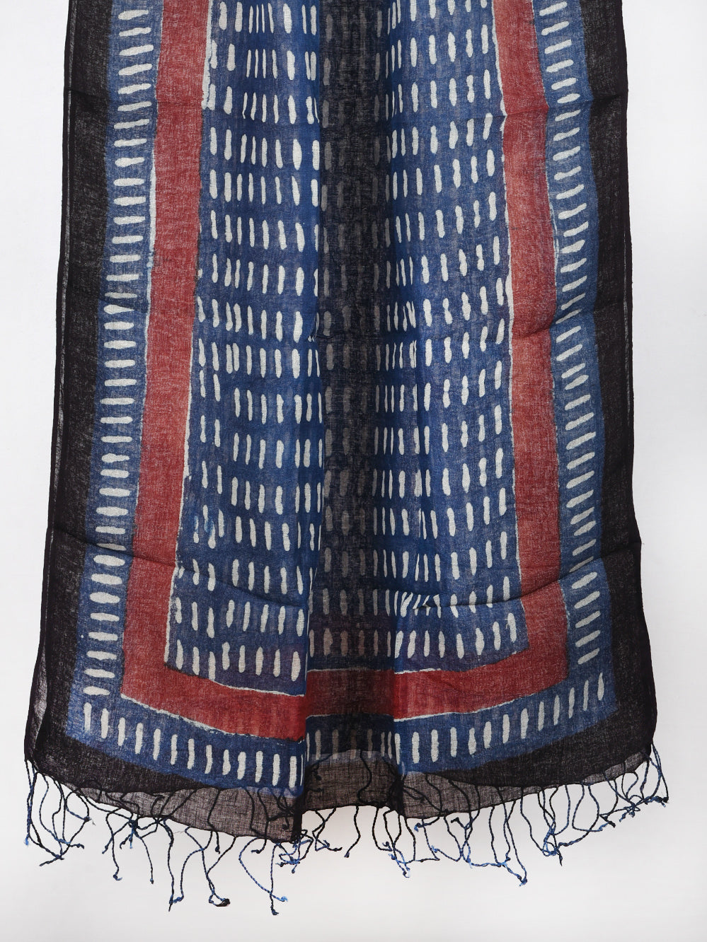 Bagru Daboo Indigo Dashes Hand Printed Pure Linen Dupatta