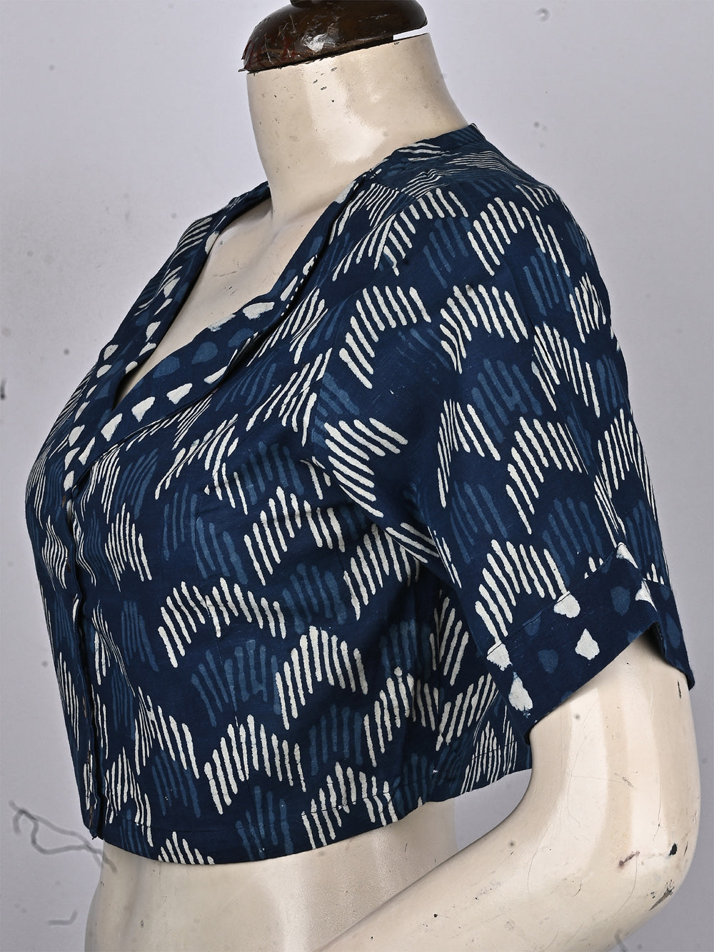 Indigo Arrow Overlap Collar Hand Block Printed Cotton Blouse