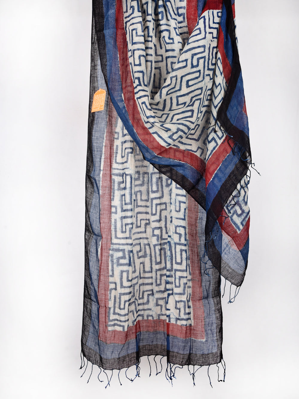 Bagru Daboo Indigo Maze Hand Printed Pure Linen Dupatta