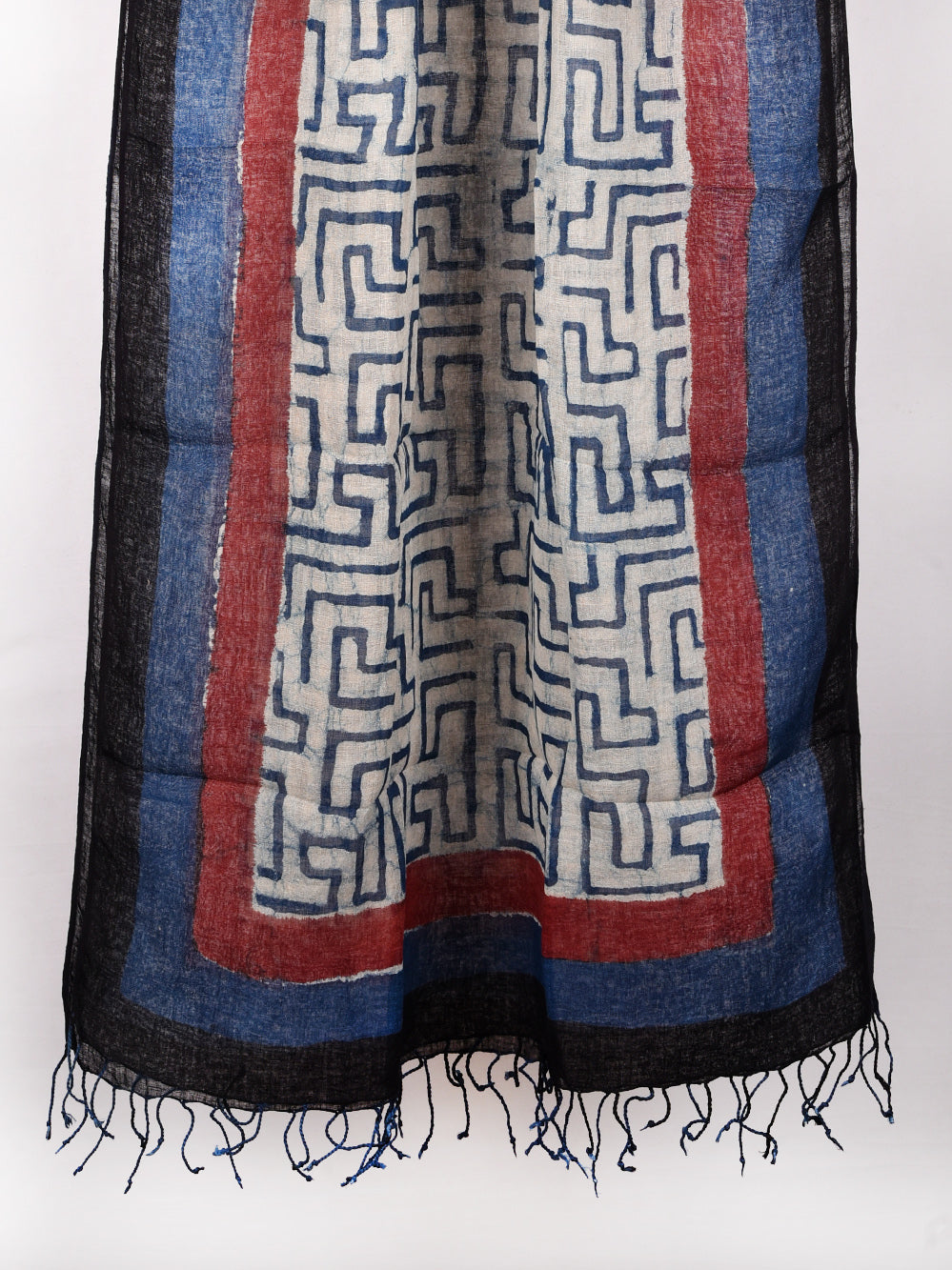 Bagru Daboo Indigo Maze Hand Printed Pure Linen Dupatta