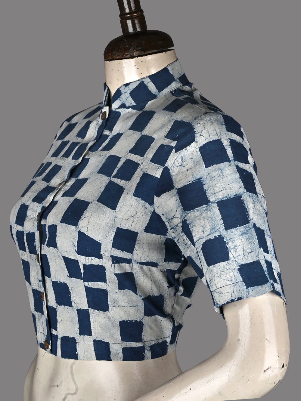 Indigo Daboo Pixelated Print Hand Block Printed Cotton Blouse