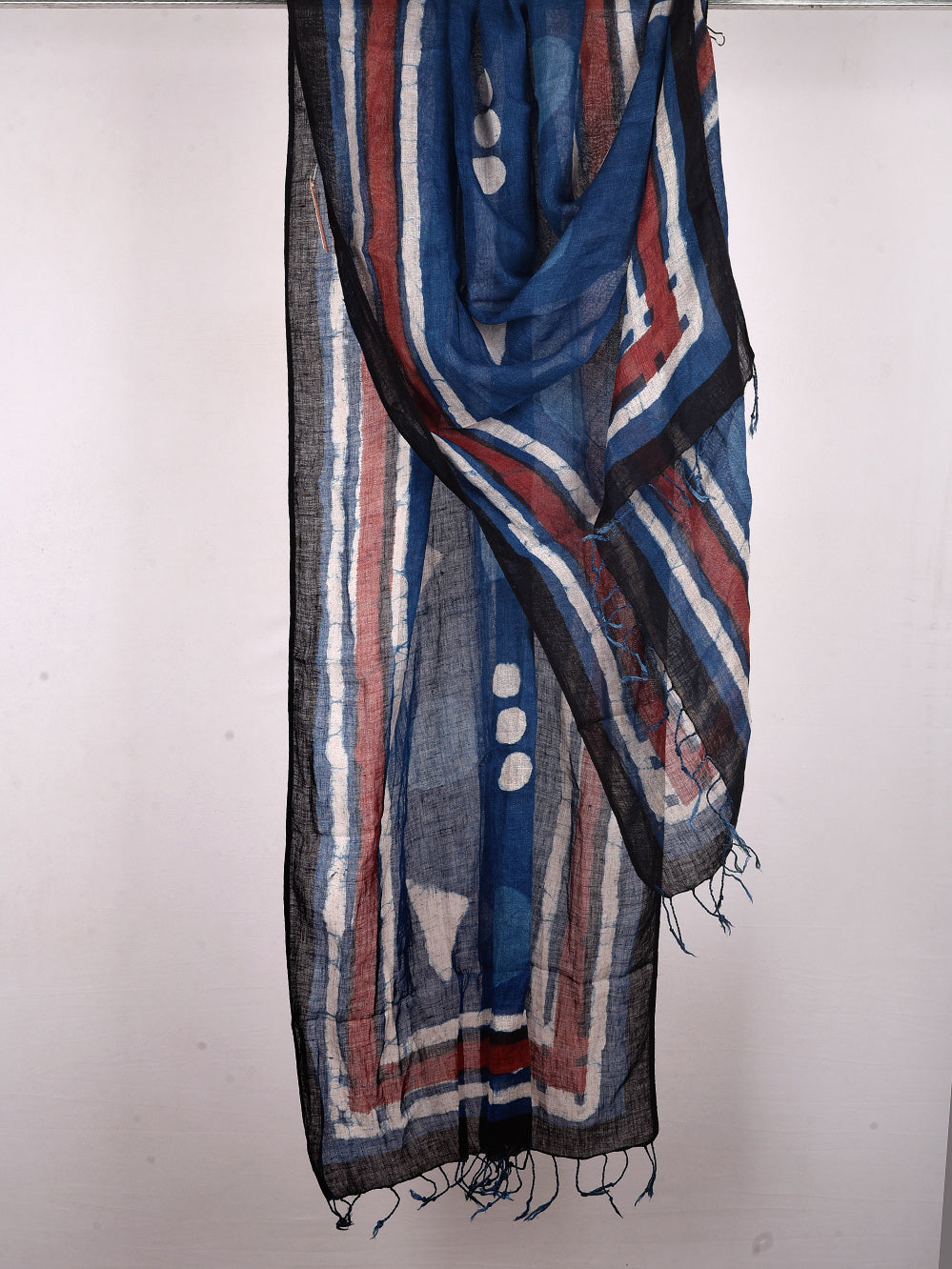 Bagru Daboo Indigo Playful Shapes Hand Printed Pure Linen Dupatta