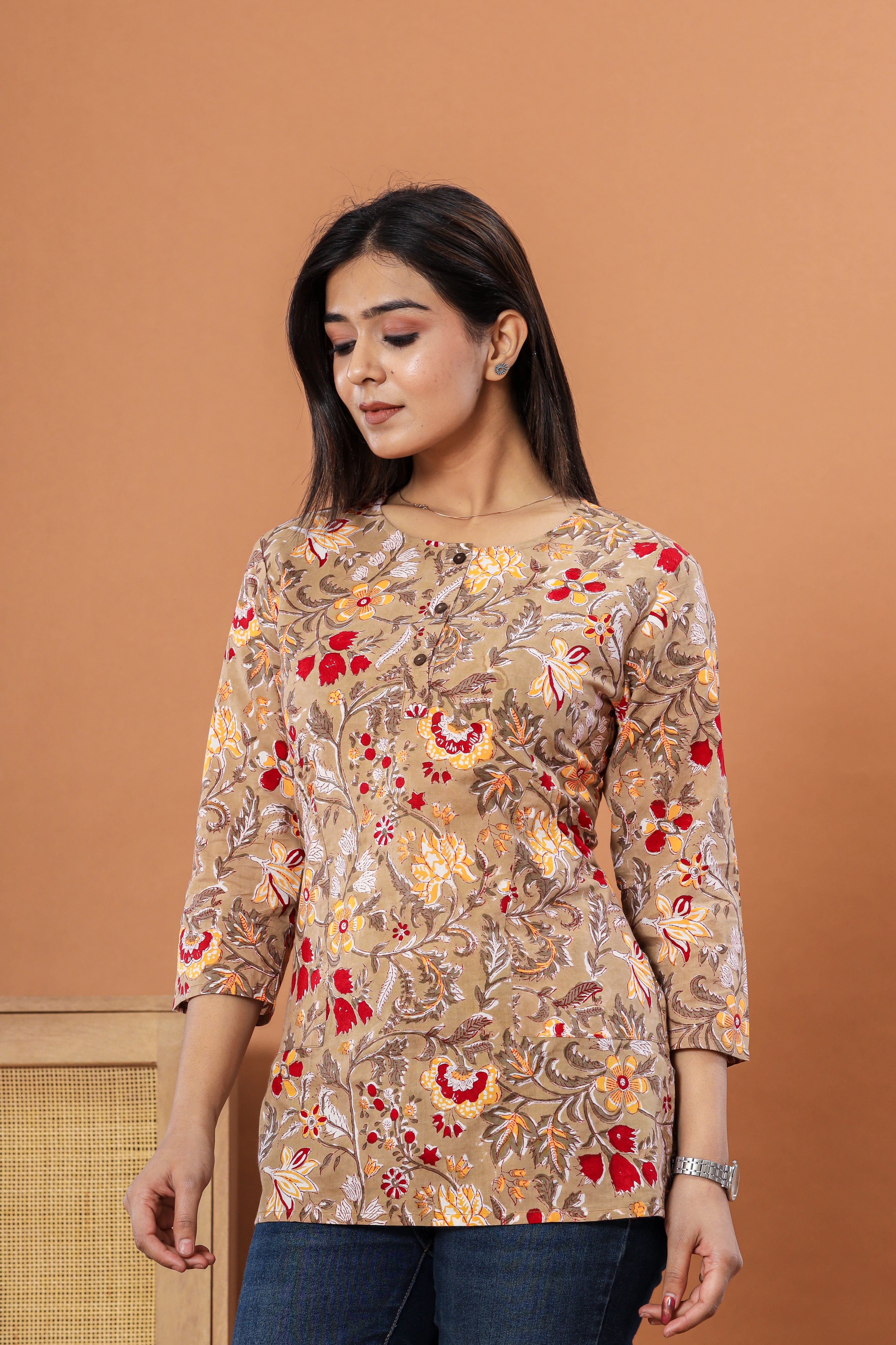 Beige Chintz Jaal Lounge Womens Hand Block Printed Tops