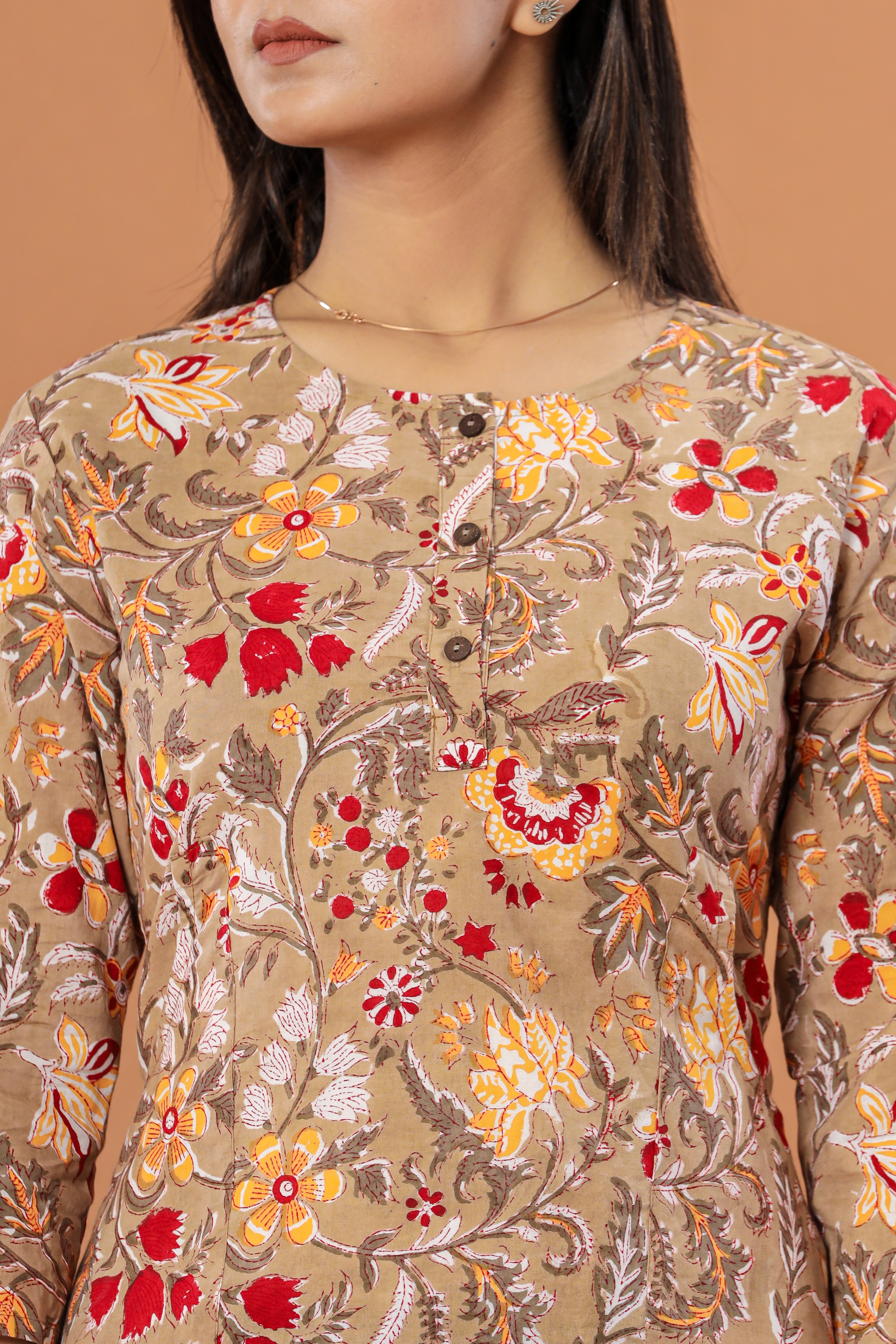 Beige Chintz Jaal Lounge Womens Hand Block Printed Tops