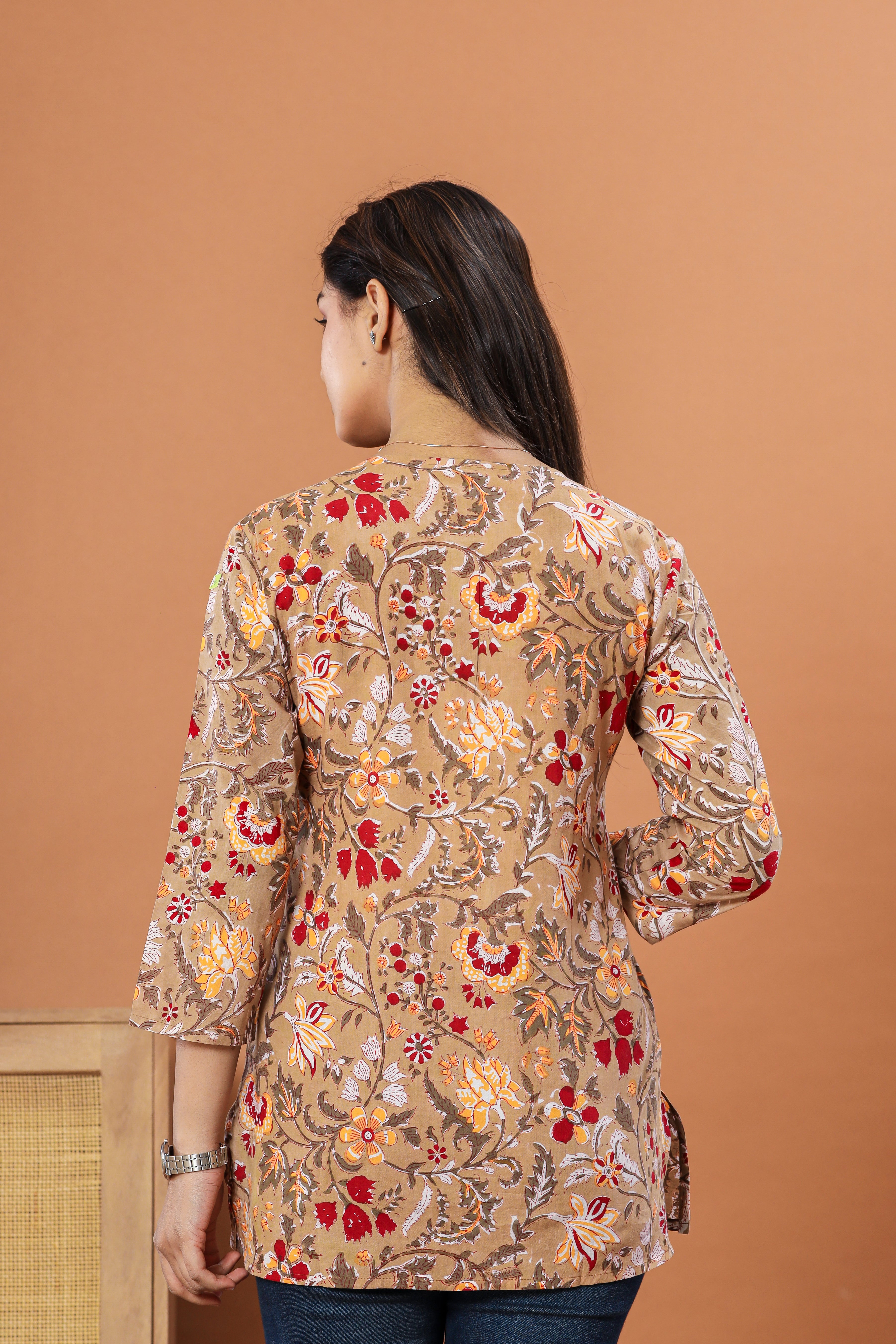 Beige Chintz Jaal Lounge Womens Hand Block Printed Tops