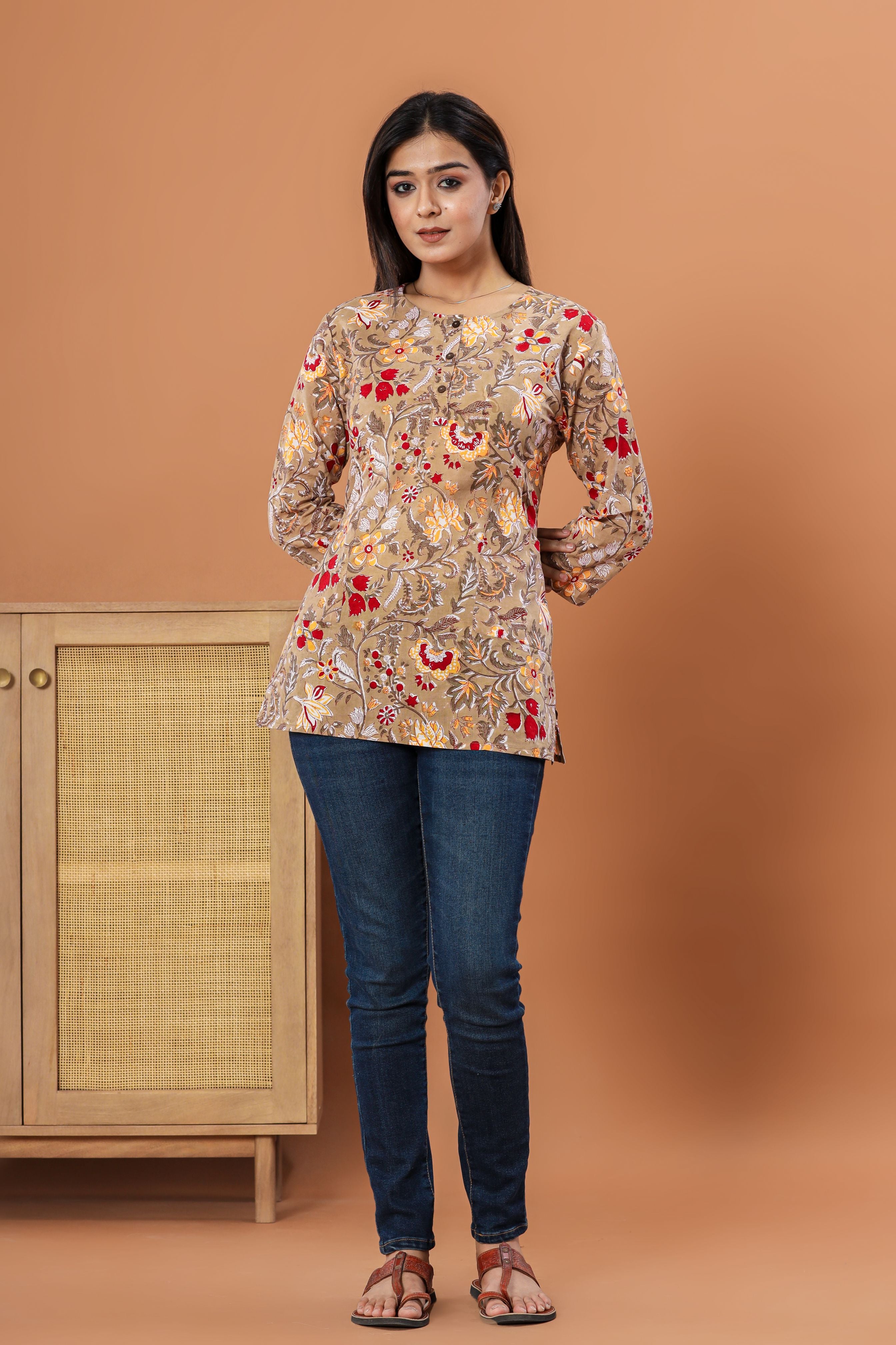 Beige Chintz Jaal Lounge Womens Hand Block Printed Tops