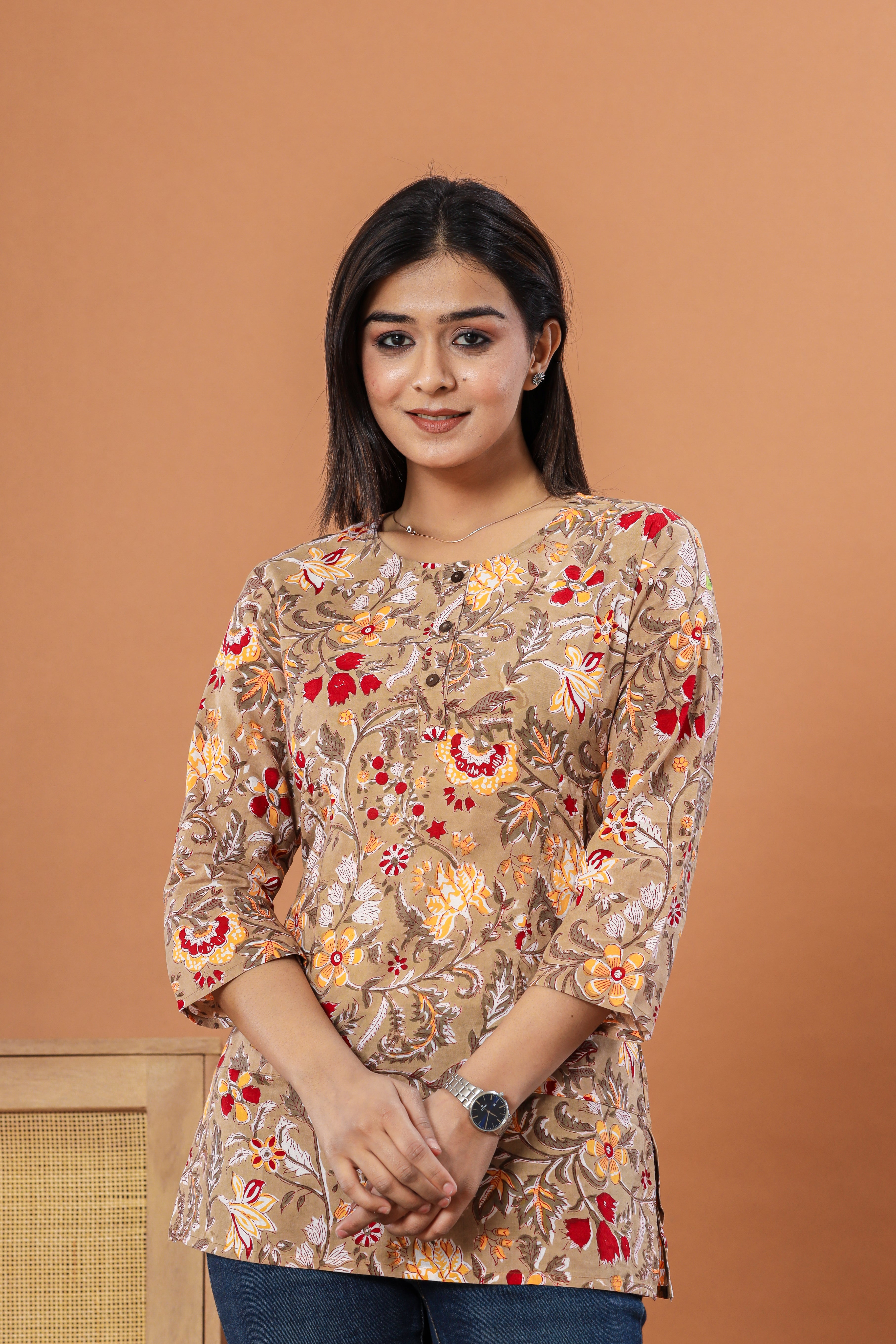 Beige Chintz Jaal Lounge Womens Hand Block Printed Tops