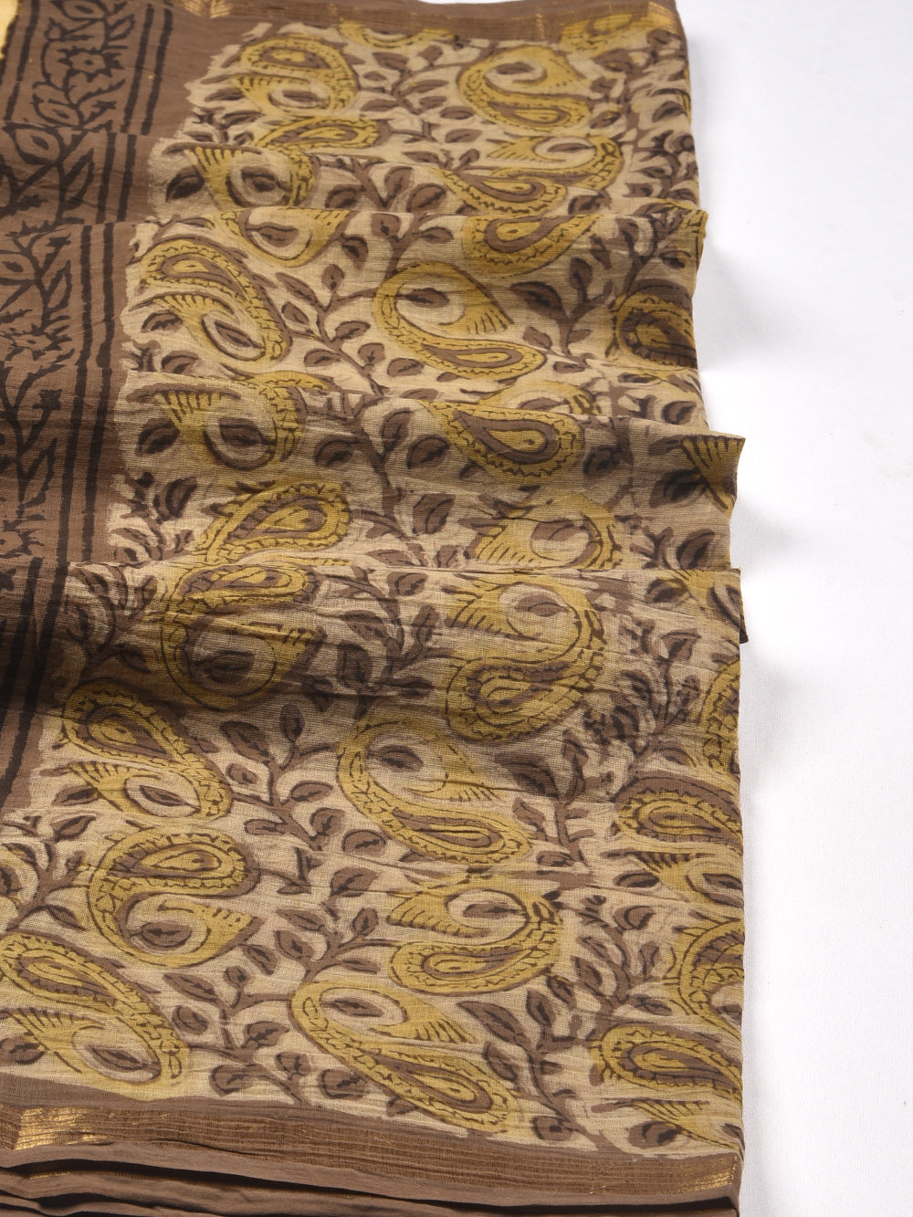 Brown Kairi Hand Block Printed Cotton Dupatta with Zari Border