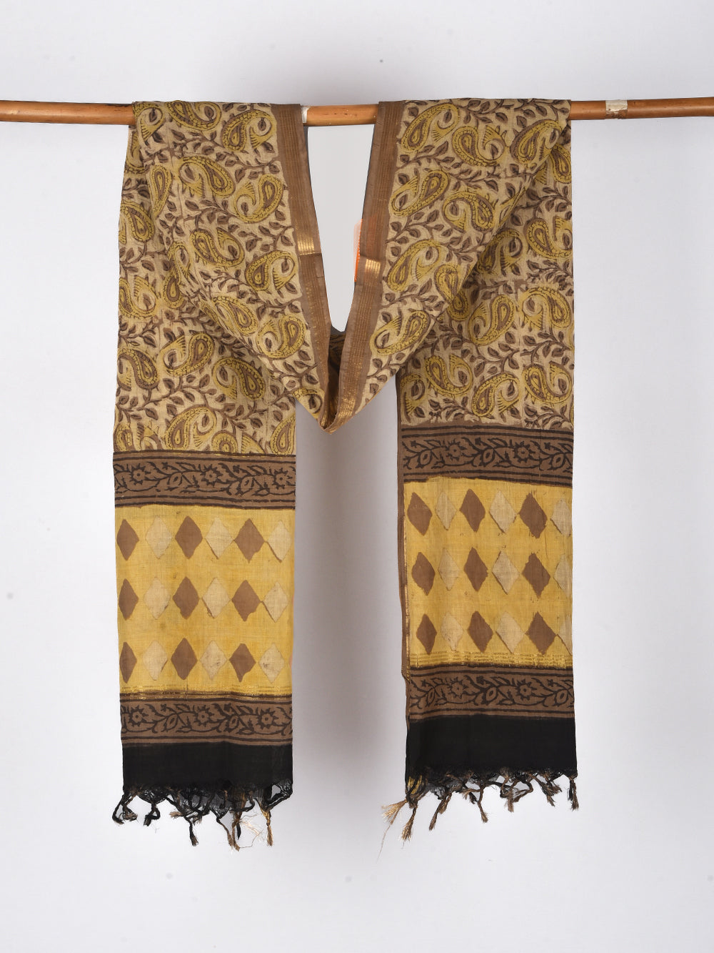 Brown Kairi Hand Block Printed Cotton Dupatta with Zari Border