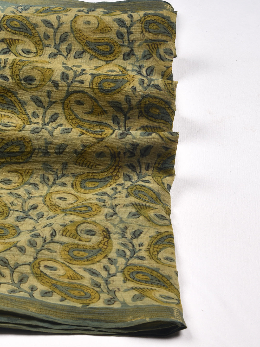 Green Kairi Hand Block Printed Cotton Dupatta with Zari Border