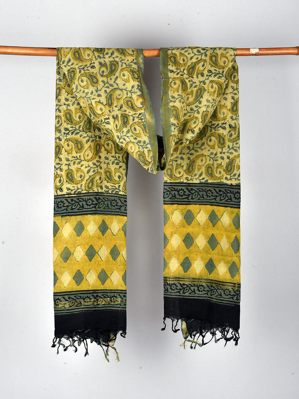 Green Kairi Hand Block Printed Cotton Dupatta with Zari Border
