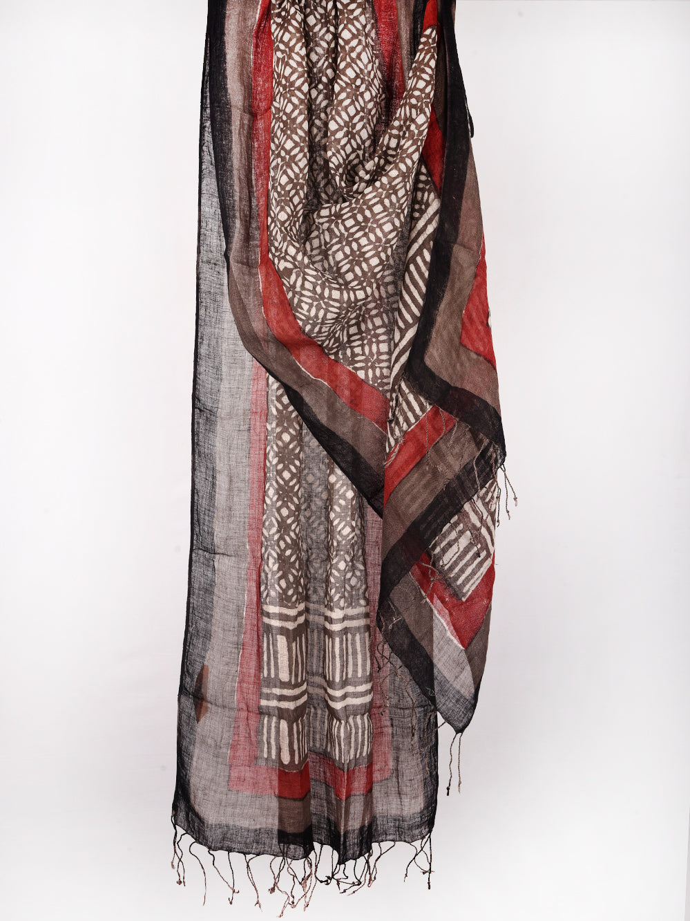 Bagru Daboo Geometric Jaal Hand Printed Pure Linen Dupatta