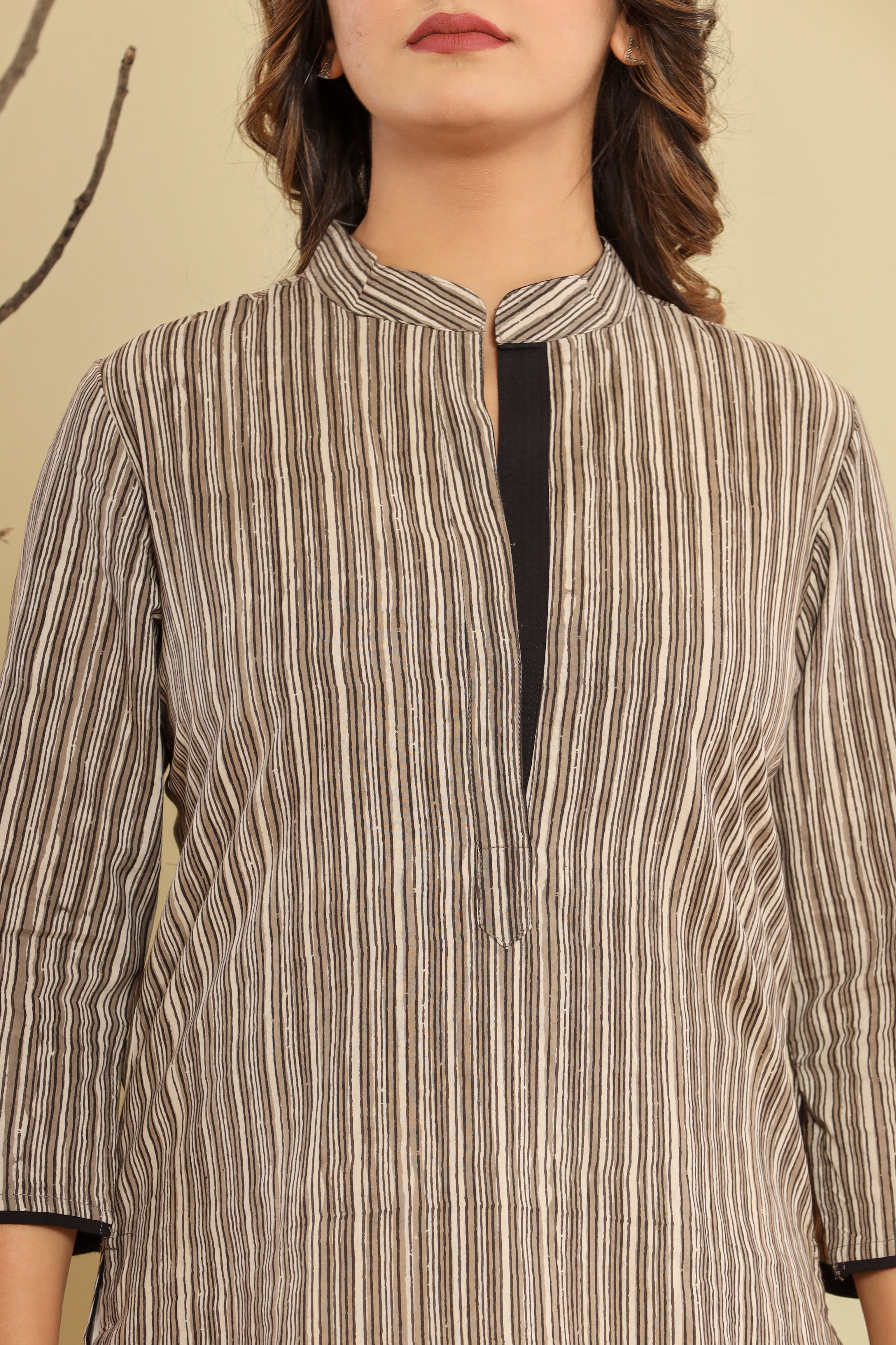 Daboo Grey Kasis Stripes Womens Hand Block Printed Tops