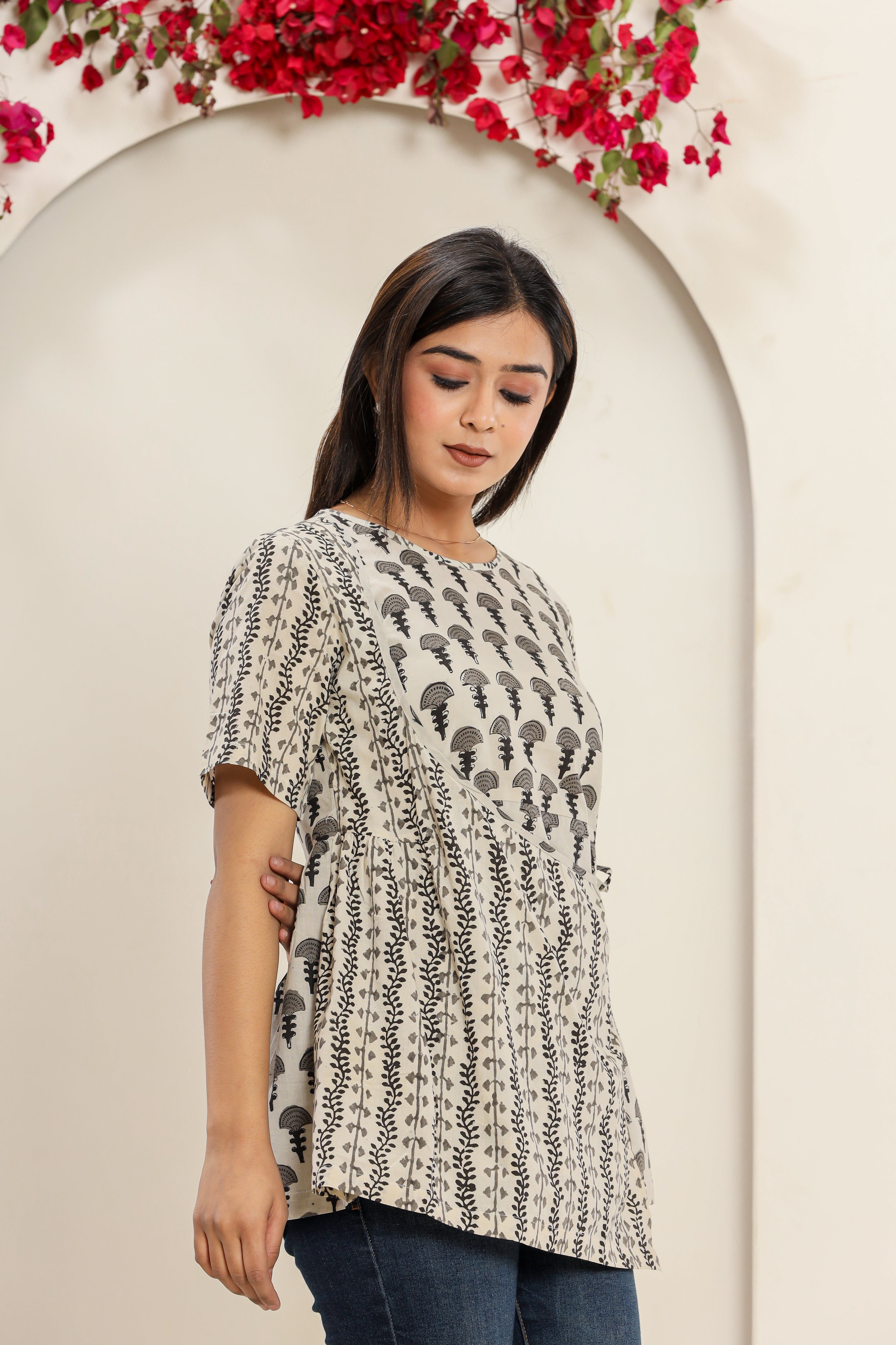 Grey Chaabi Flower Angrakha Womens Hand Block Printed Tops