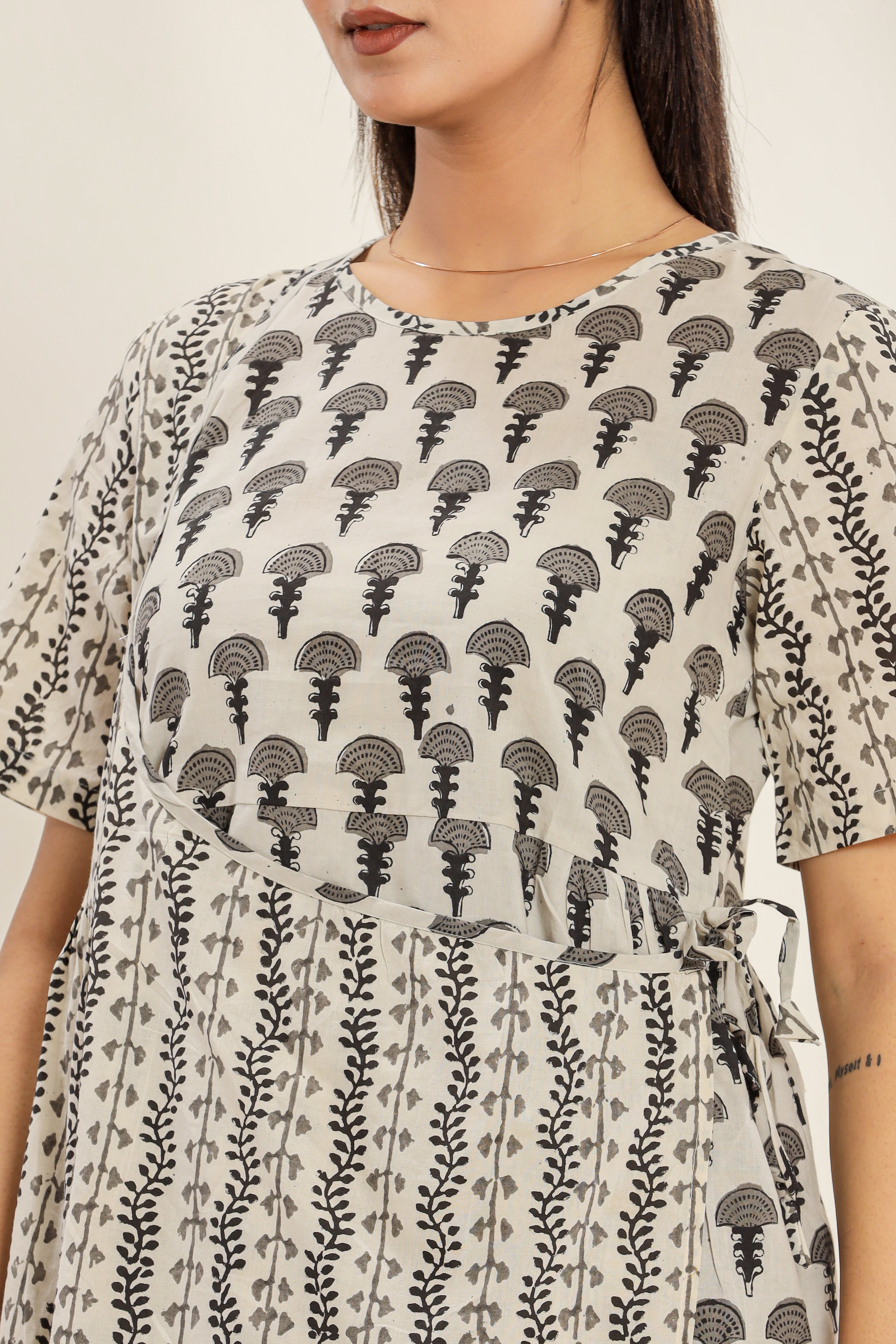 Grey Chaabi Flower Angrakha Womens Hand Block Printed Tops