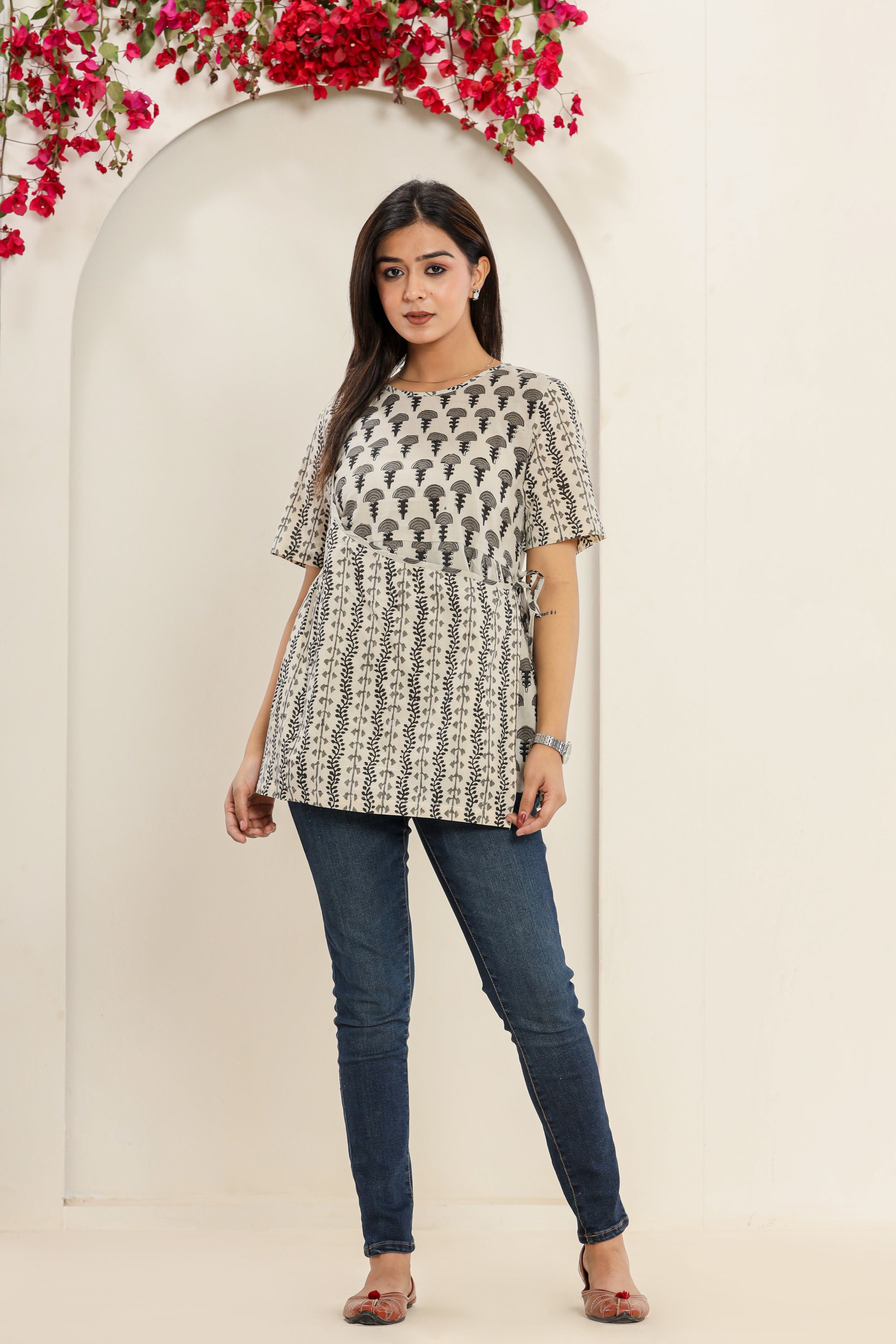 Grey Chaabi Flower Angrakha Womens Hand Block Printed Tops