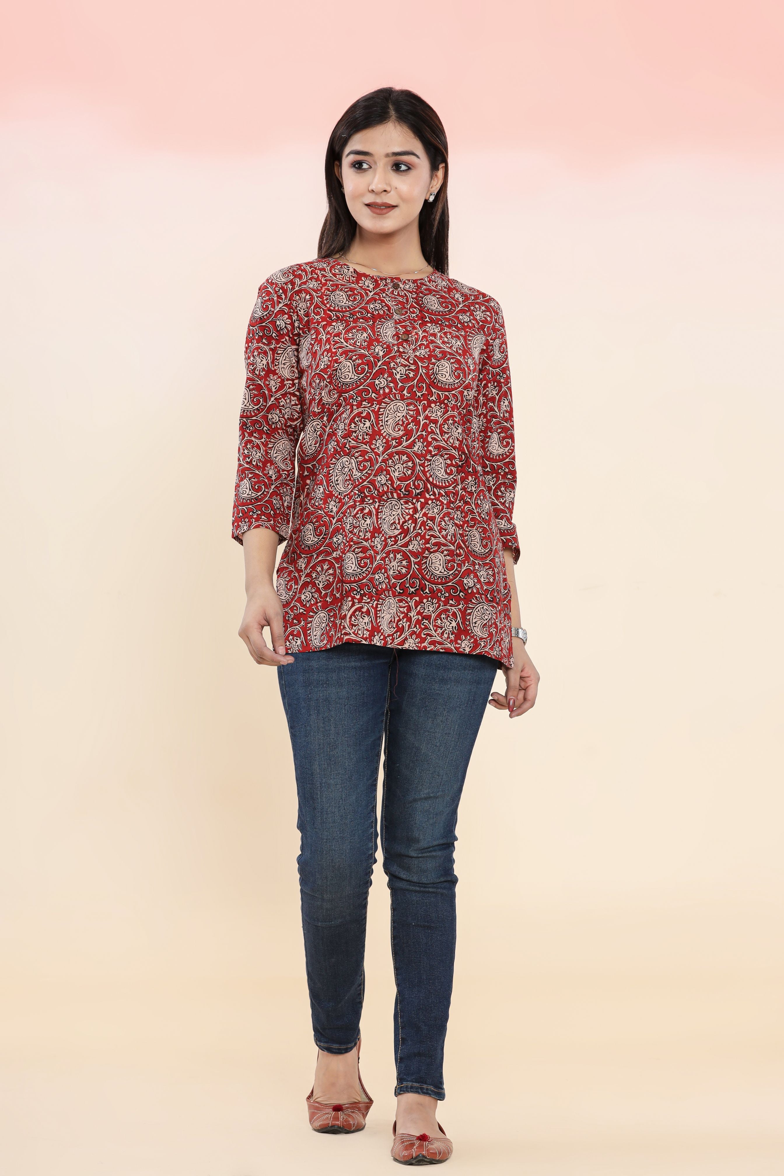 Bagru Red Jaal Lounge Womens Hand Block Printed Tops