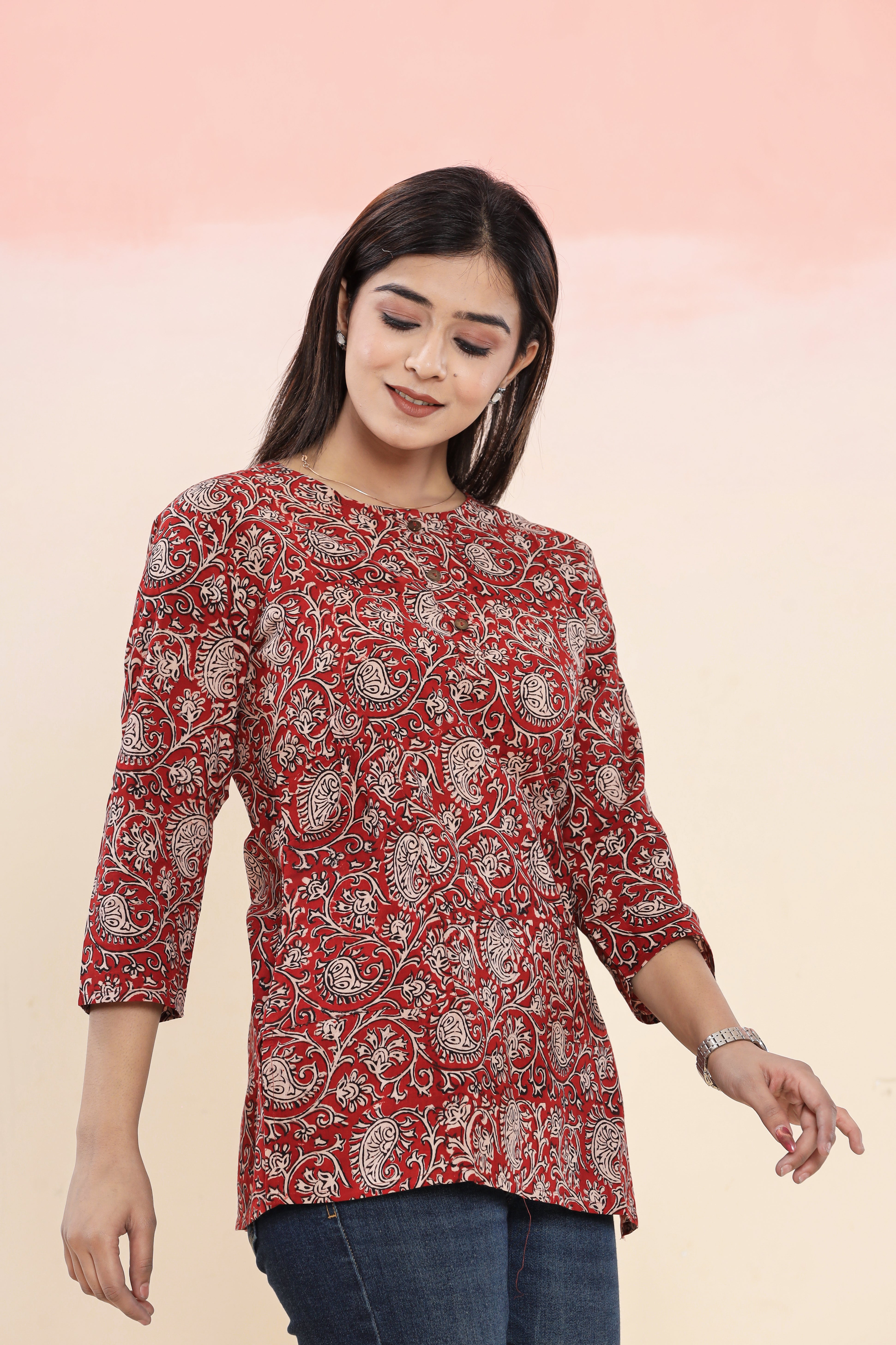 Bagru Red Jaal Lounge Womens Hand Block Printed Tops