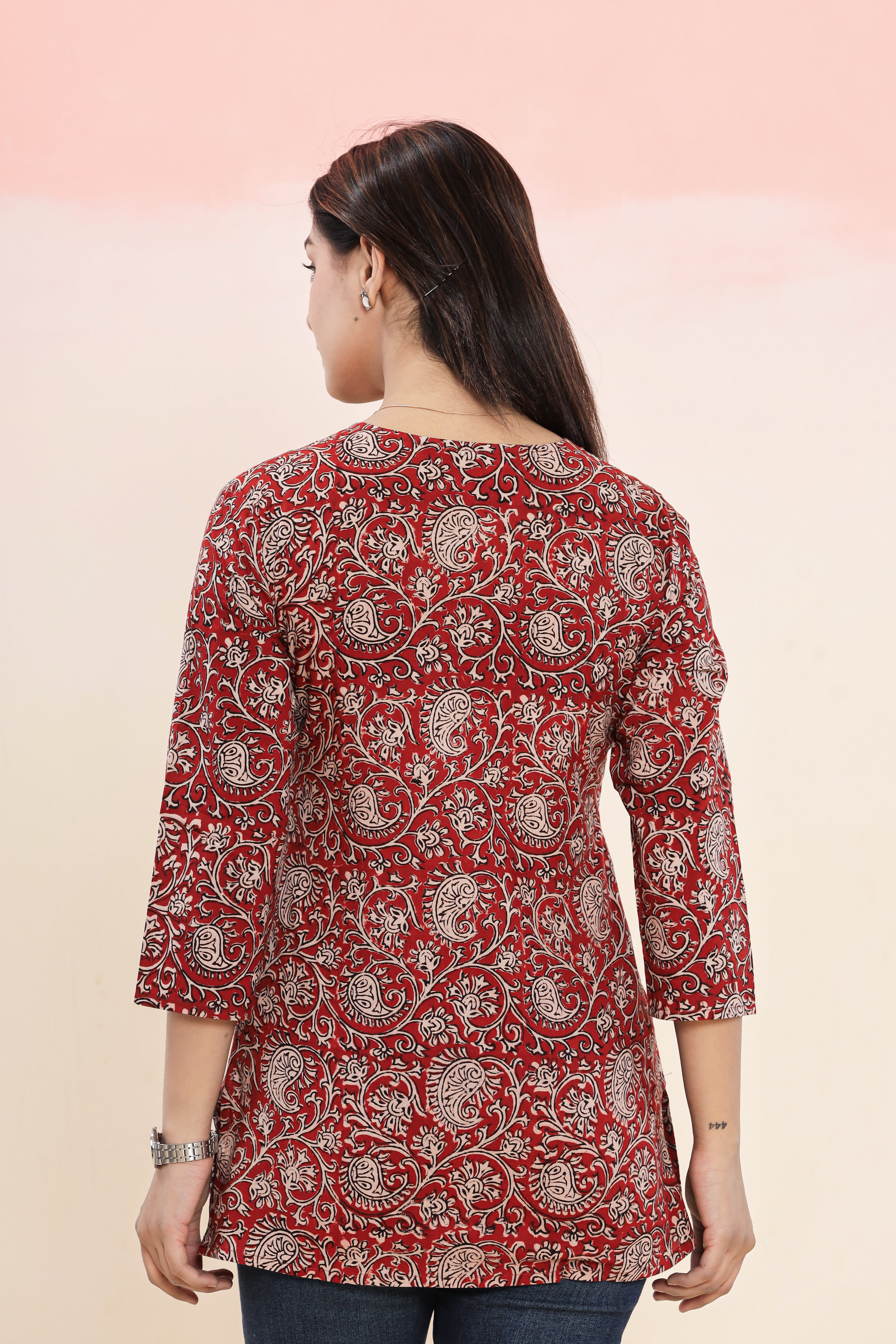 Bagru Red Jaal Lounge Womens Hand Block Printed Tops