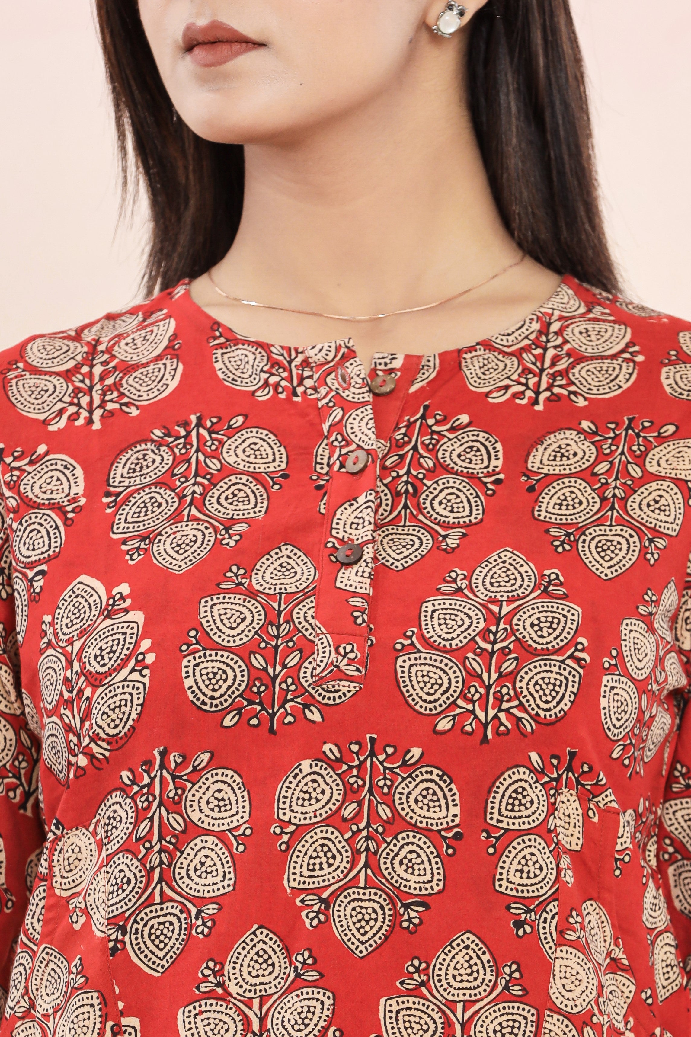 Bagru Red Boota Lounge Womens Hand Block Printed Tops