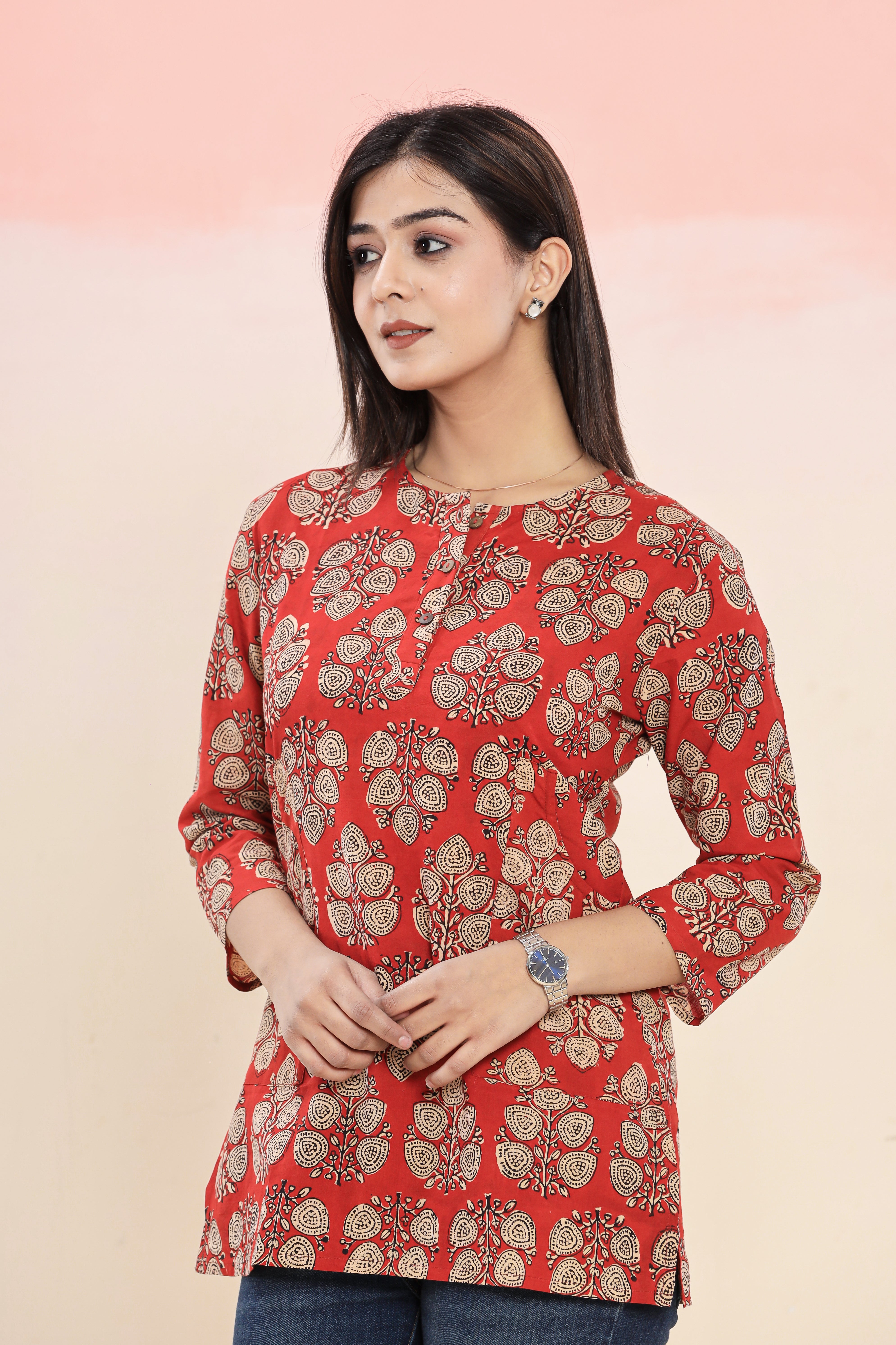 Bagru Red Boota Lounge Womens Hand Block Printed Tops