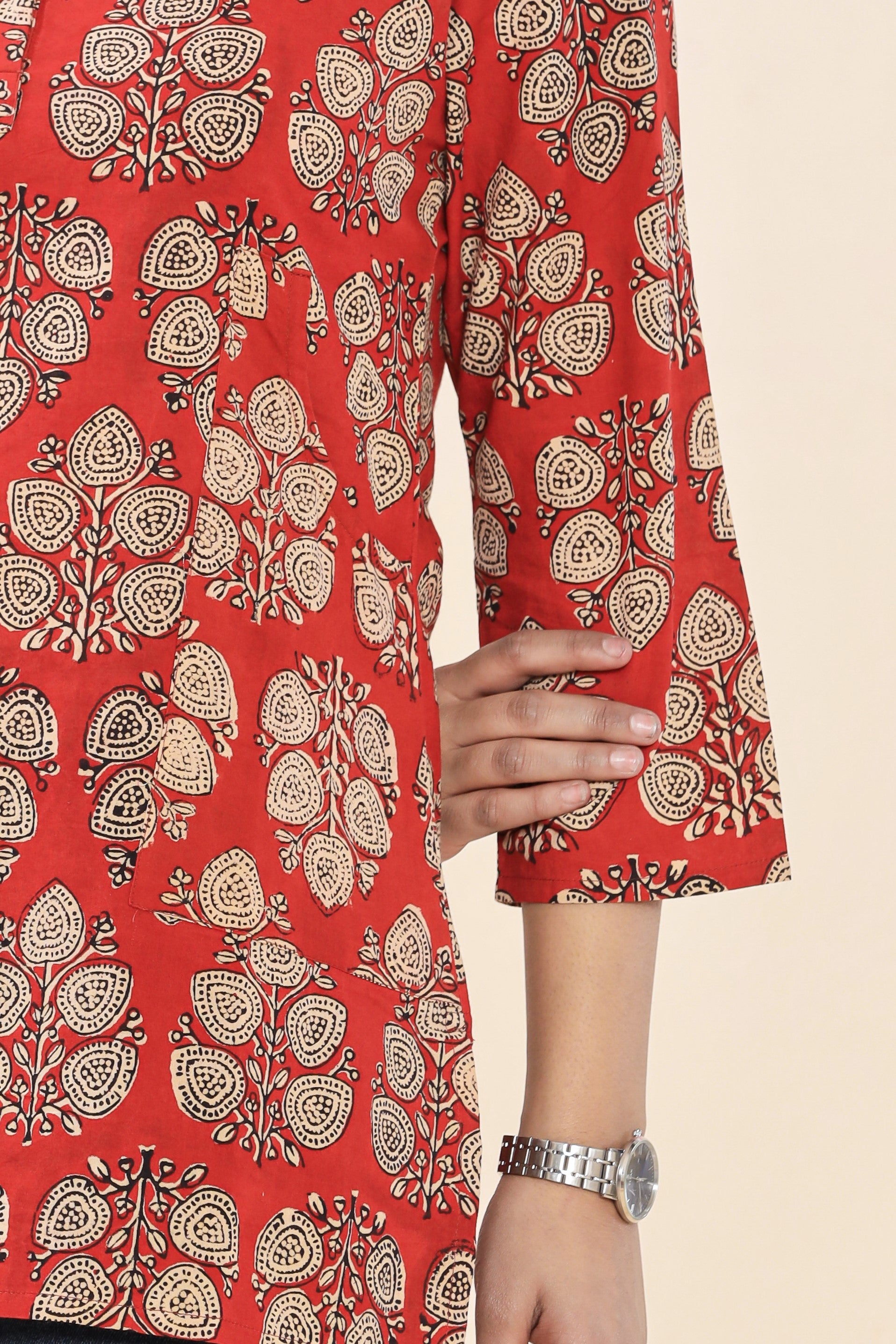 Bagru Red Boota Lounge Womens Hand Block Printed Tops