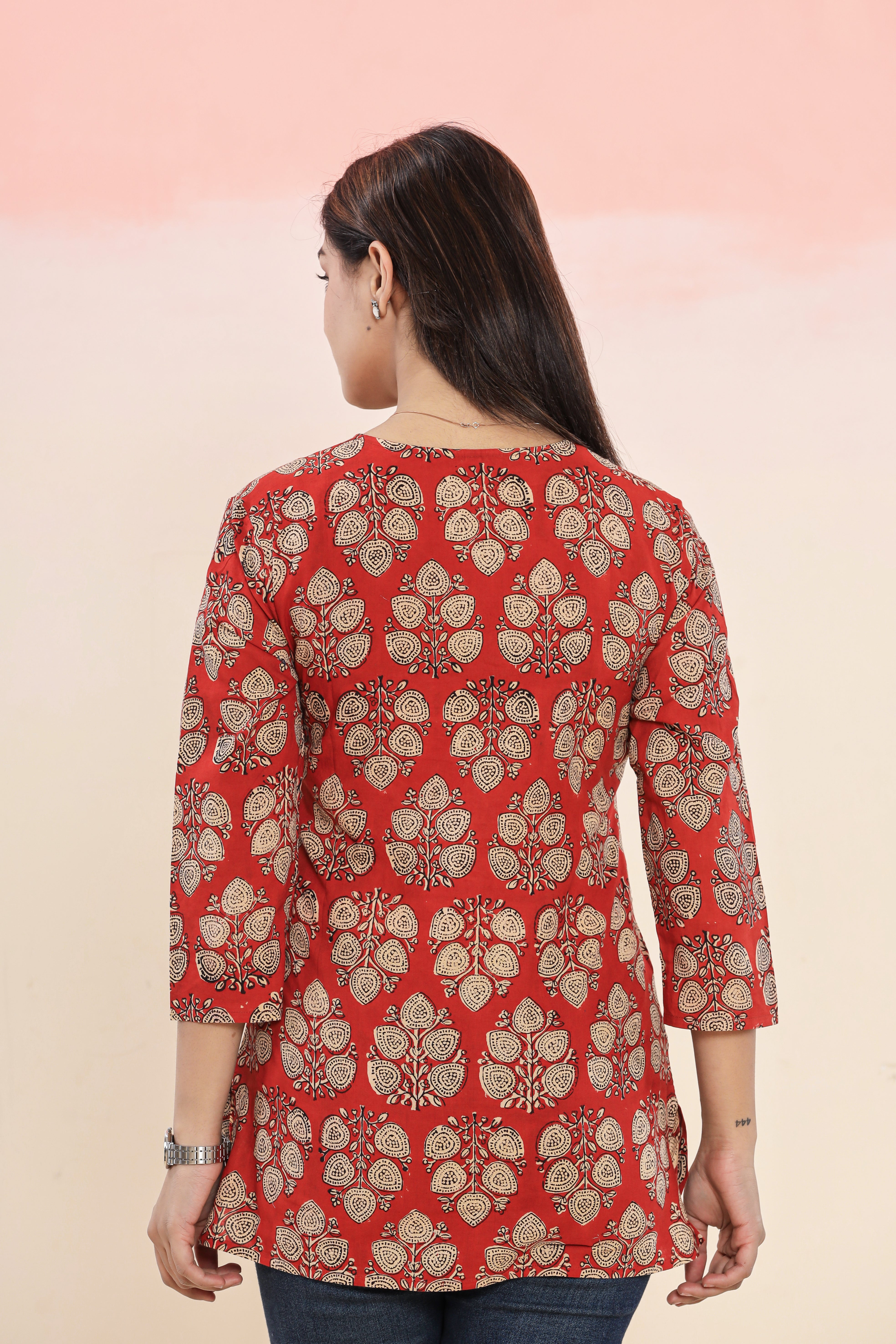 Bagru Red Boota Lounge Womens Hand Block Printed Tops