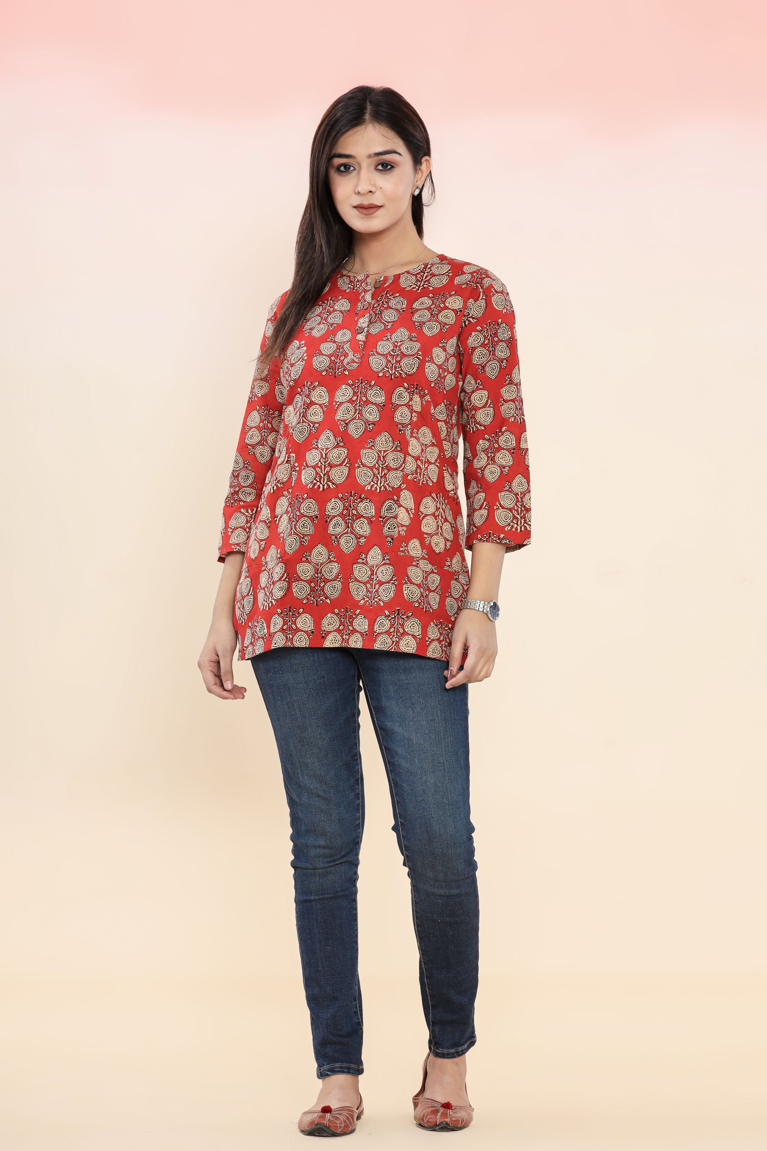 Bagru Red Boota Lounge Womens Hand Block Printed Tops